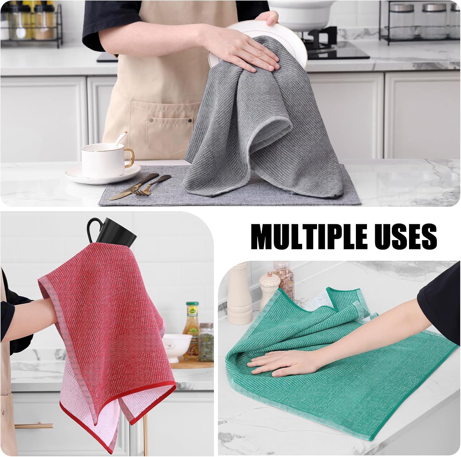 Homaxy 380 GSM Cotton Premium Kitchen Towels 6 Pack, 18"x 28", Mix | Flat and Terry Dish Towels, Highly Absorbent Tea