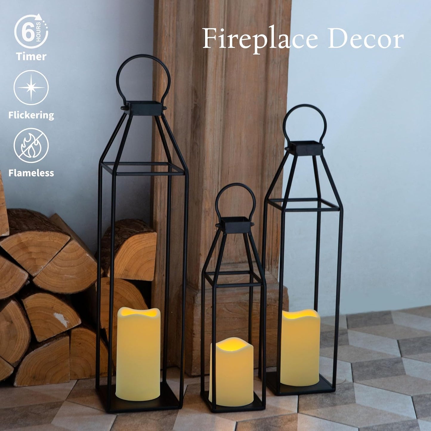 Perfnique Set of 3 Black Metal Lanterns w/ Waterproof Flickering Flameless Candle & Remote Timer, Modern Farmhouse