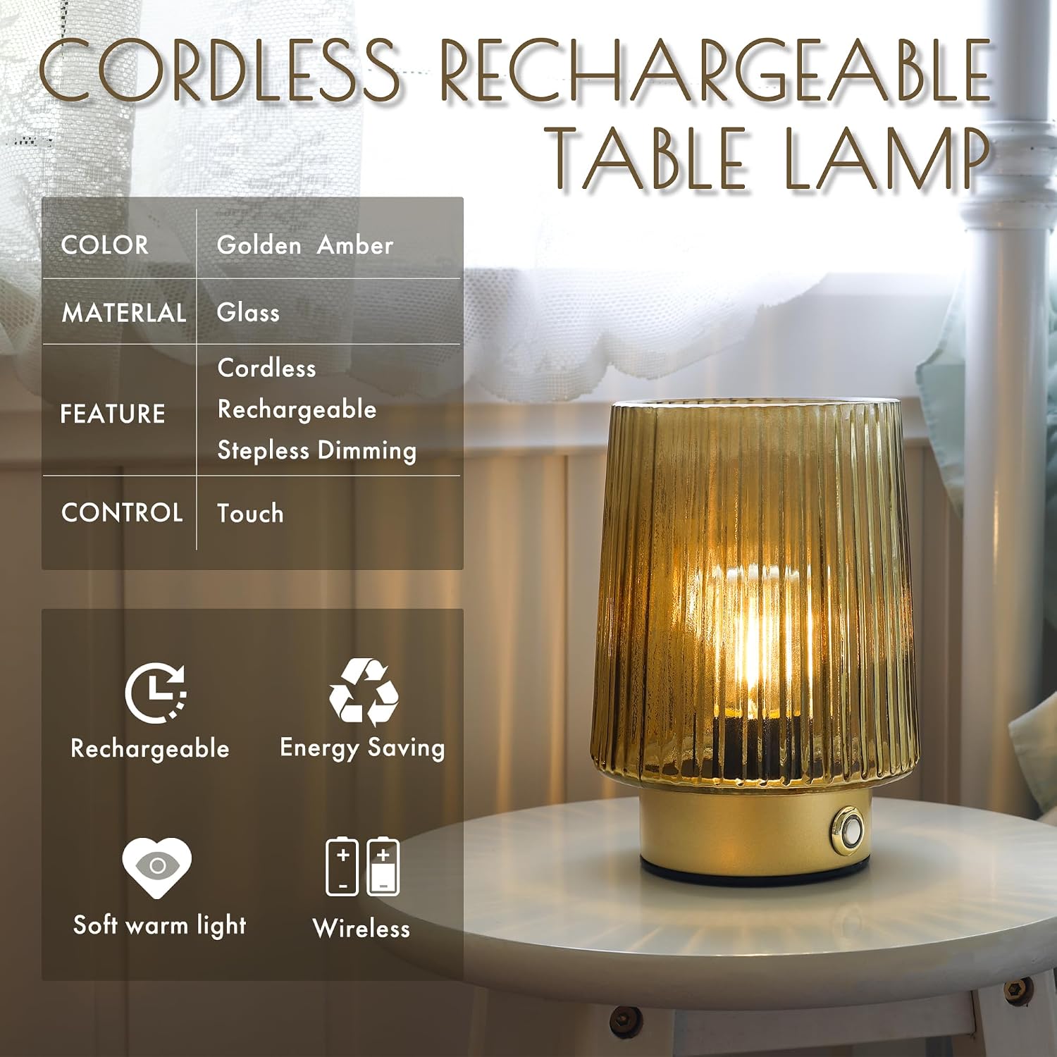 ULAROOM Cordless Lamp Rechargeable Battery Operated lamp, Glass Small Table lamp - Portable Dimmable Brightness Touch