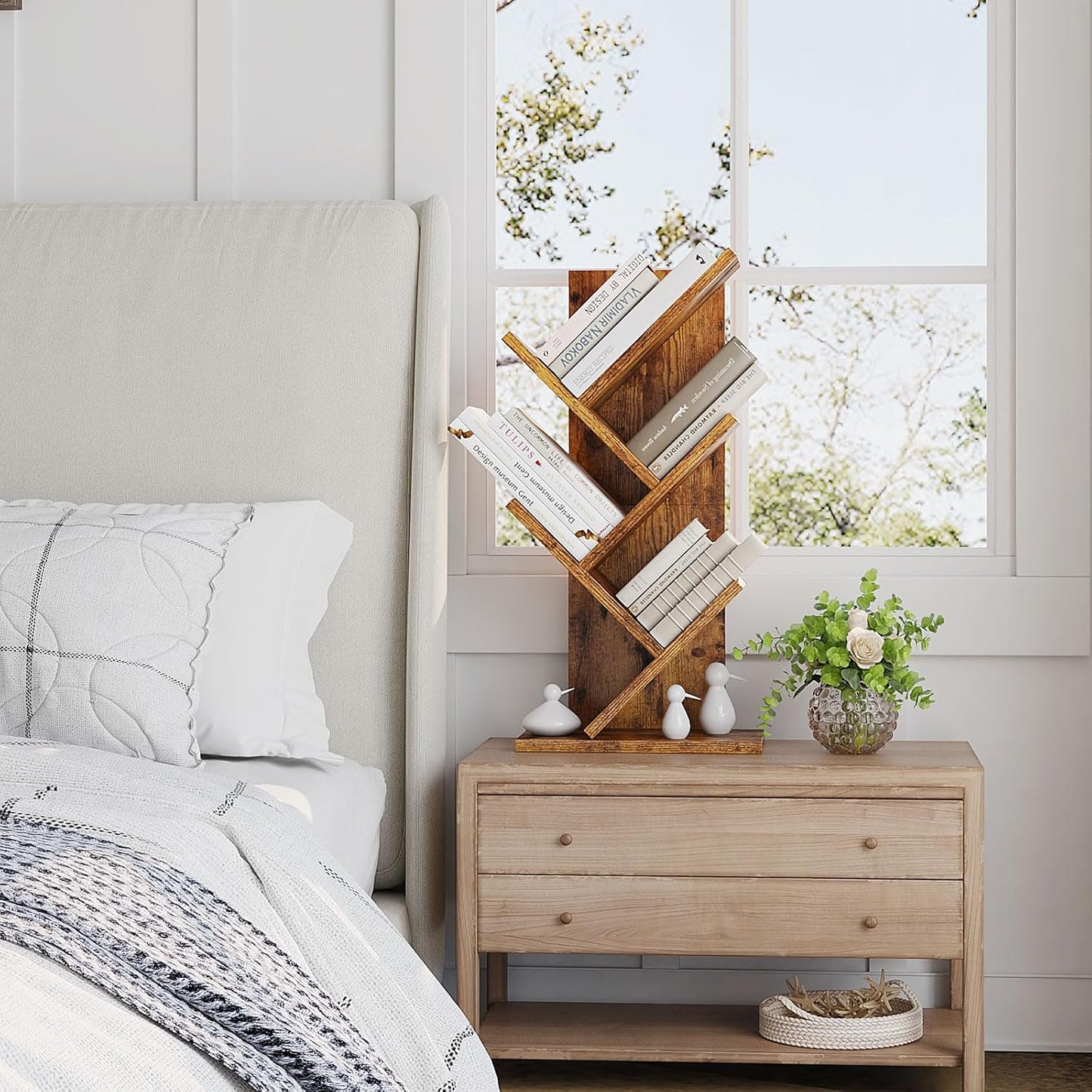 YMYNY Tree Bookshelf, 4-Tier Book Storage Organizer Shelves,Rustic Brown, HBC014H