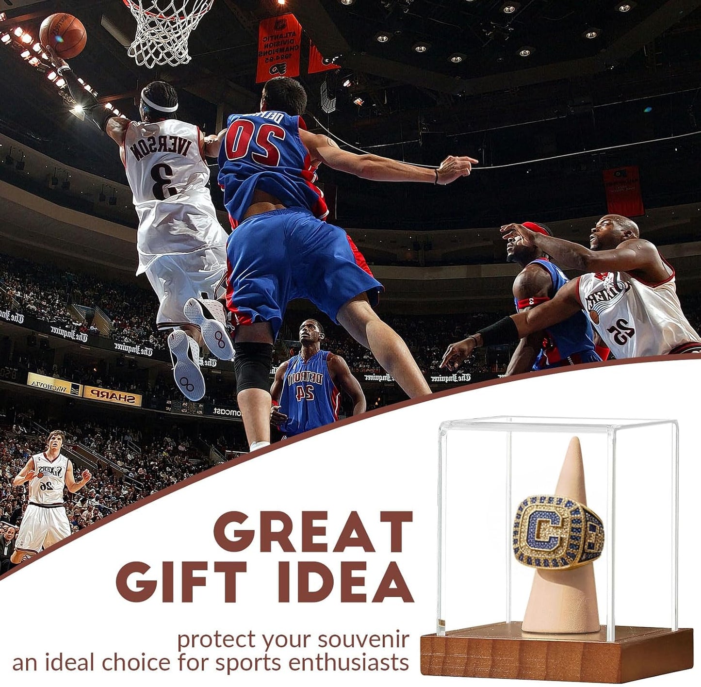 Championship Ring Display Case 2 Pack, Clear Acrylic Single Ring Holder with Wood Stand Base for Sports Basketball