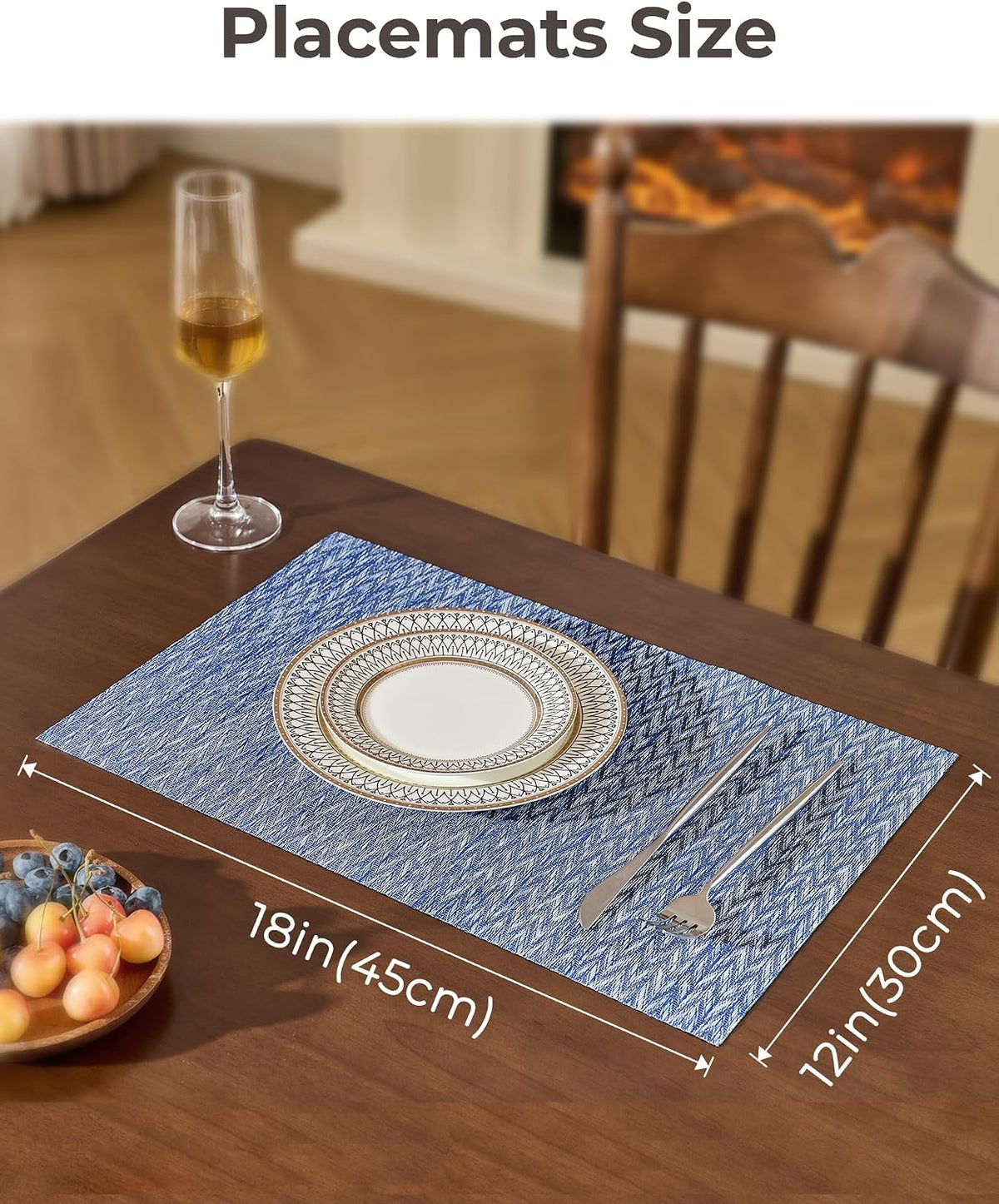 Leetaltree Woven Vinyl Placemats Set of 12,Blue Zigzag | High Density，Stain Resistant, Easy to Clean, Washable Table