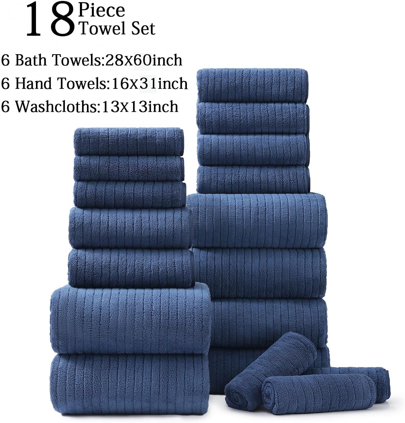 Hailea 18 Piece Family Bath Towel Set Include 6 Bath Towels,6 Hand Towels and 6 Washcloths Soft Bathroom Towel with