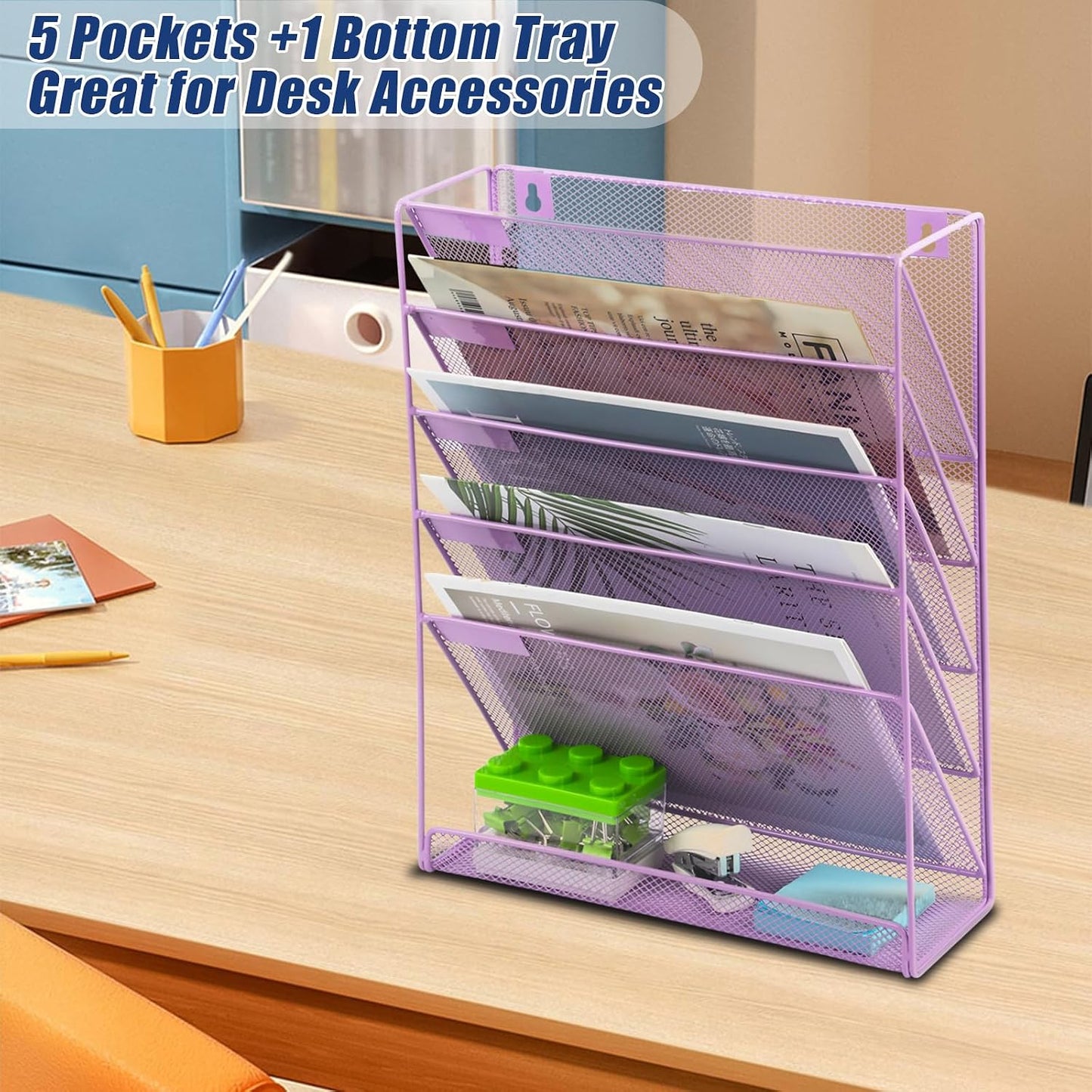 Desk File Organizer Mesh 6 Tier, Hanging Wall Mount Document Organization Stand, Desktop Vertical Mail Paper Folder