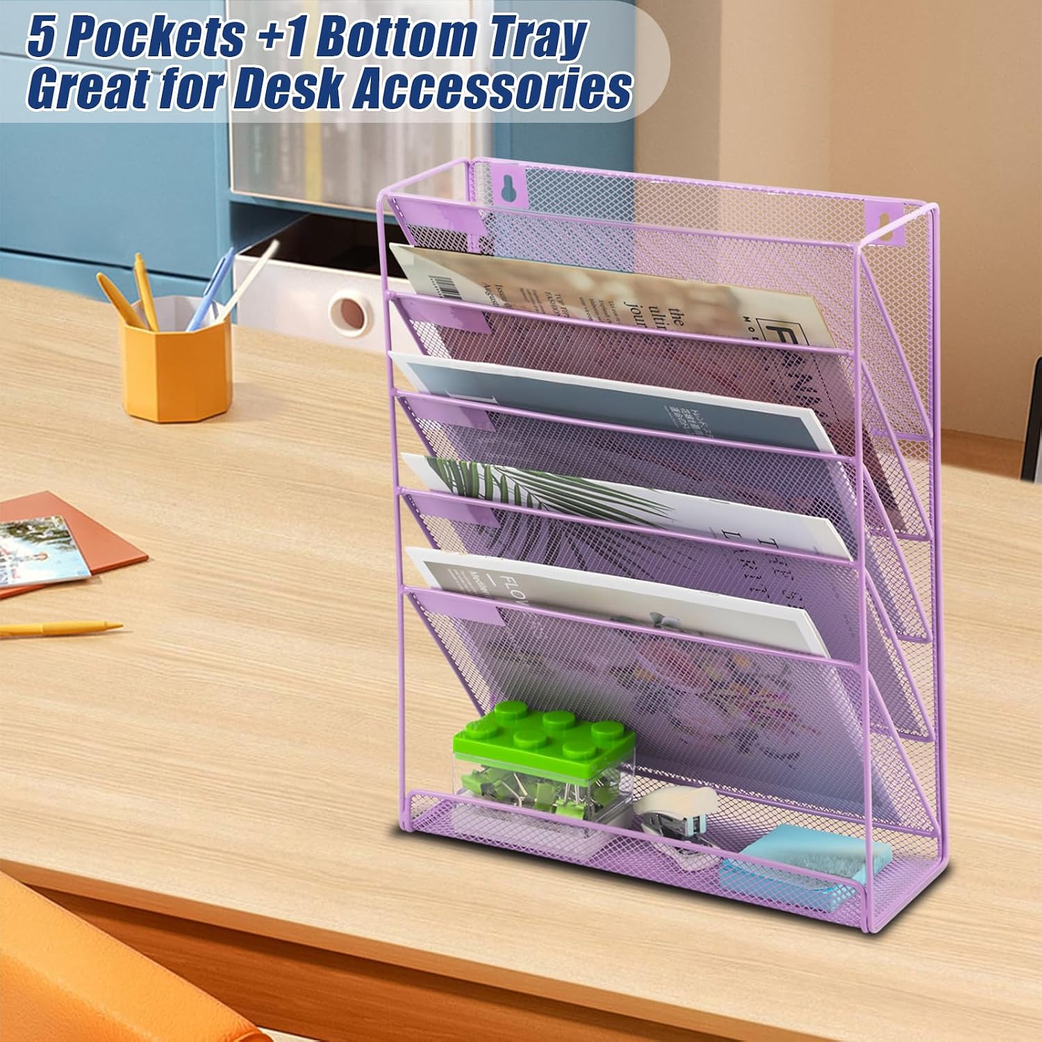 Desk File Organizer Mesh 6 Tier, Hanging Wall Mount Document Organization Stand, Desktop Vertical Mail Paper Folder