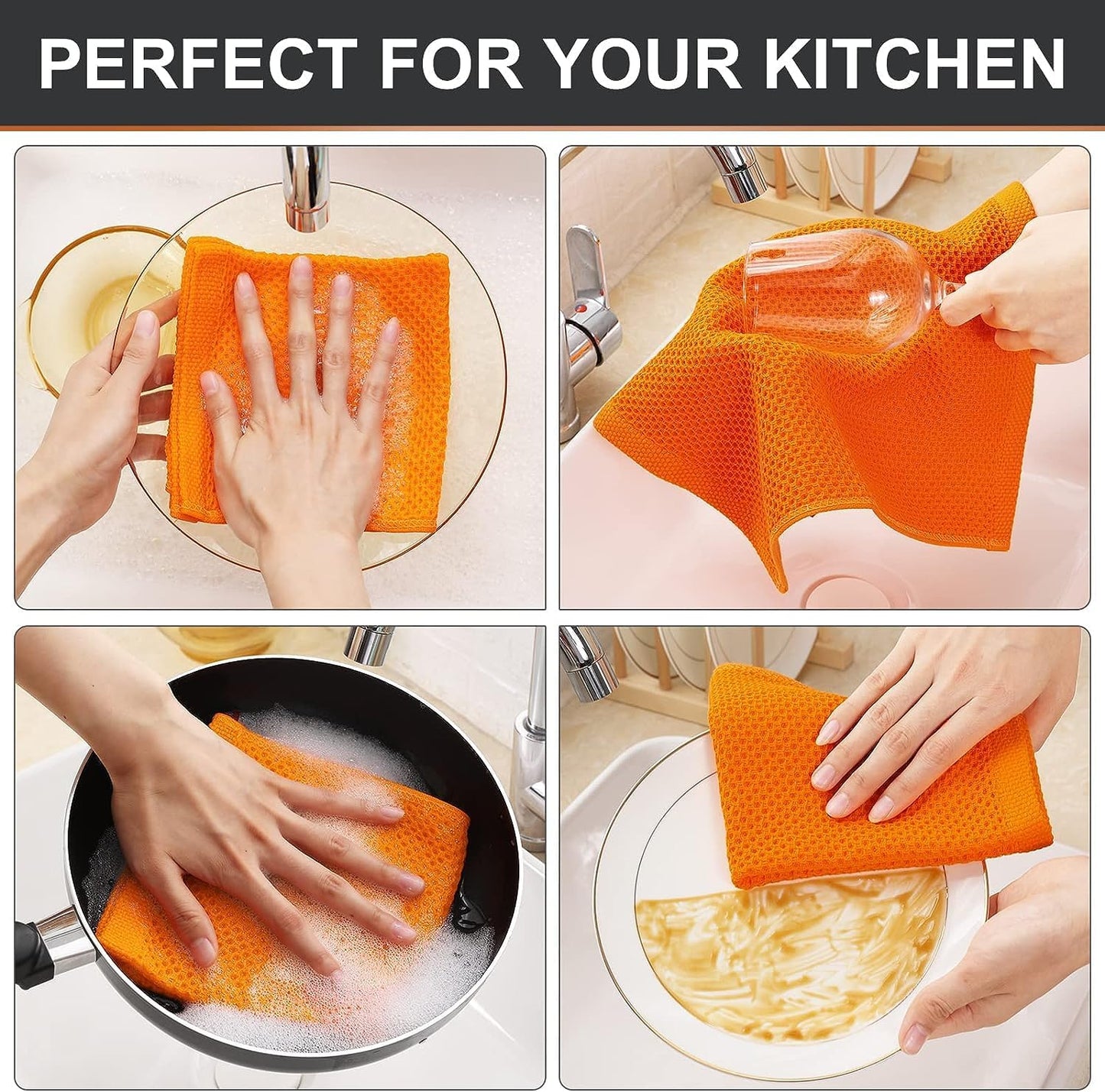 Kitinjoy 100% Cotton Waffle 12-Pack Kitchen Towels, 12" x 12", Orange | Ultra Absorbent, Super Soft, lightweight, Quick