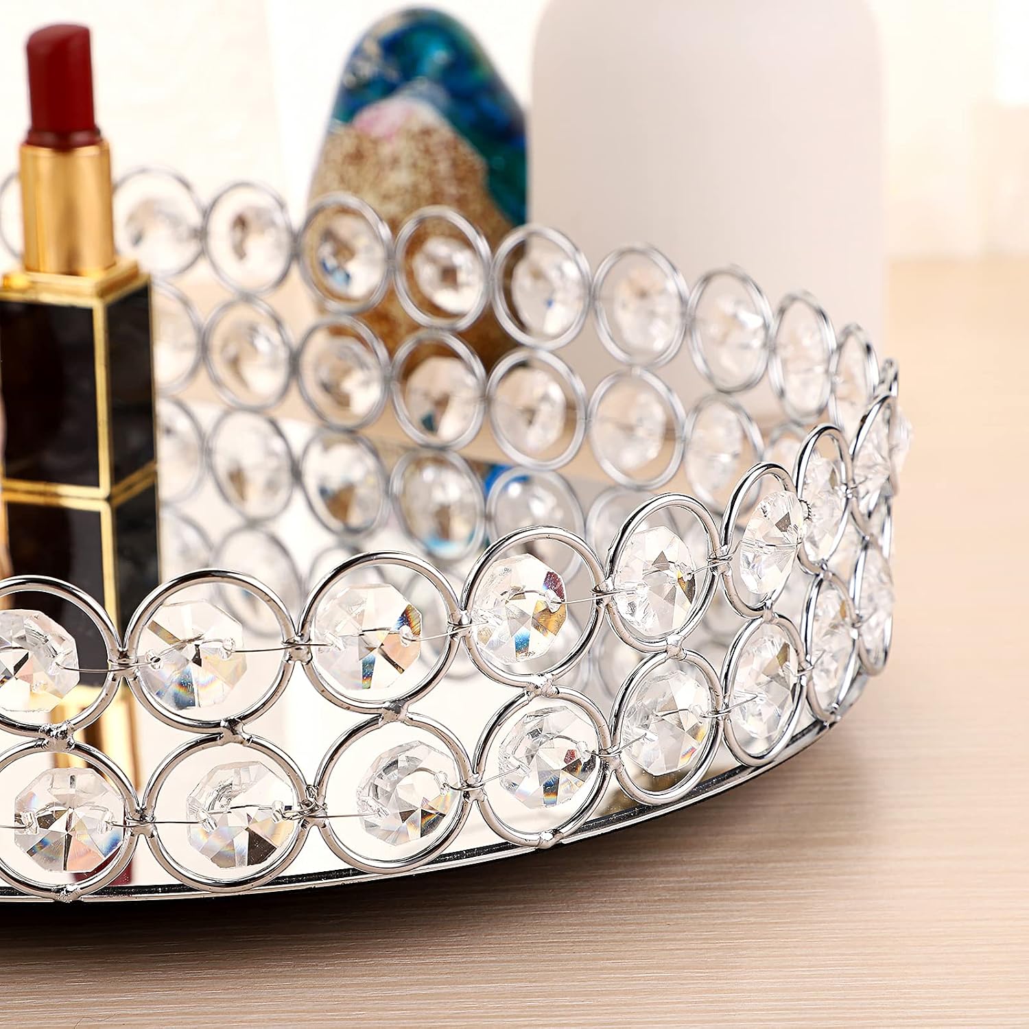 Crystal Vanity Tray Mirrored Dresser Perfume Trays for Makeup Tray / 11.8 x 8.7 x 2.3 / Silver