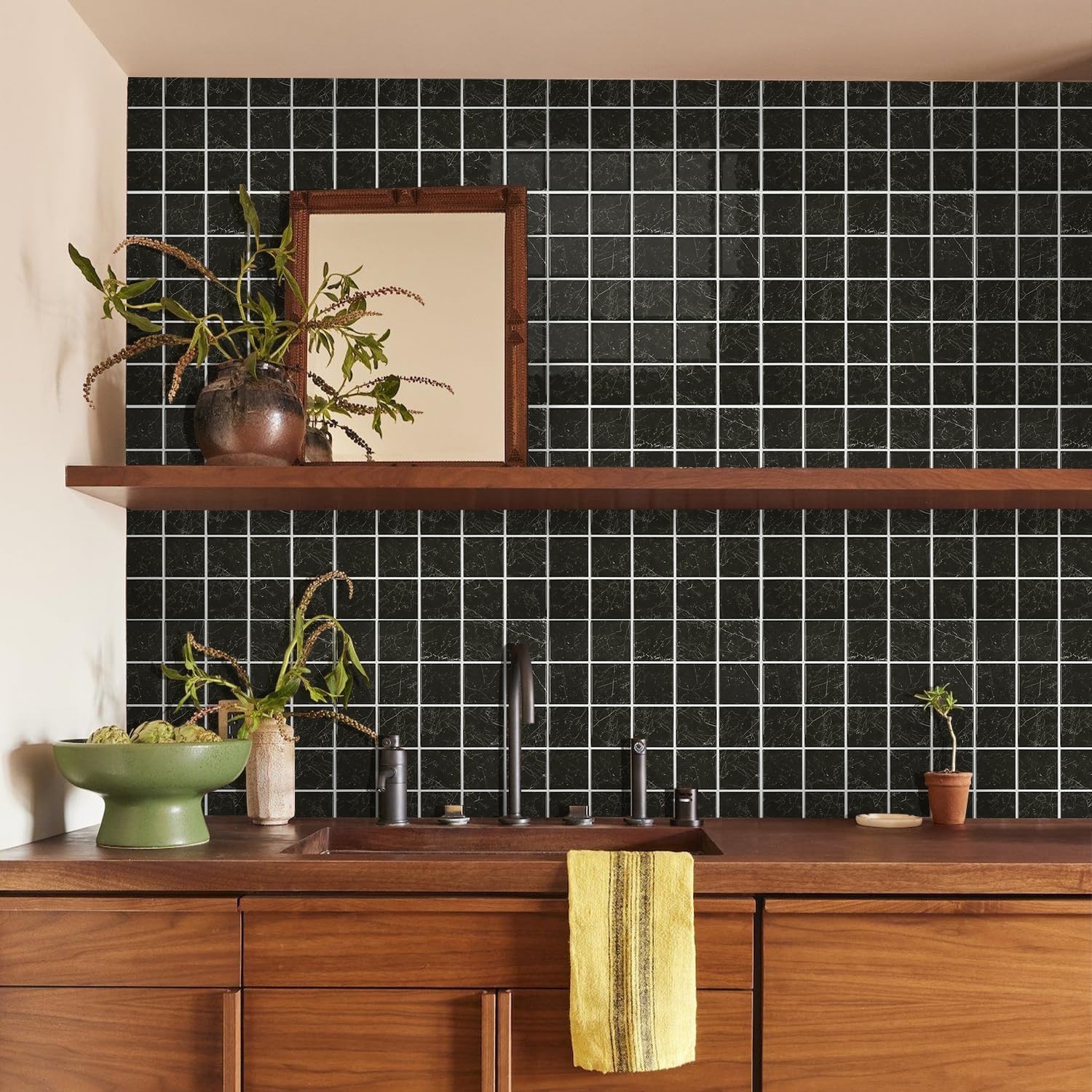 Thicker Marble Peel and Stick Backsplash Tiles- of "-3D / ST-SM-B / Black / 12 x 12 / Set of 10