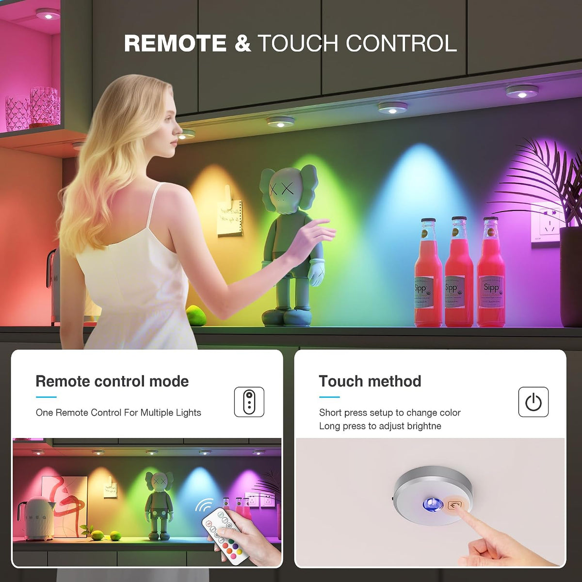 RGB Puck Lights with Remote Control,Under Cabinet Lighting,Silver,5PCS | 2000mAh Battery Operated Tap Lights
