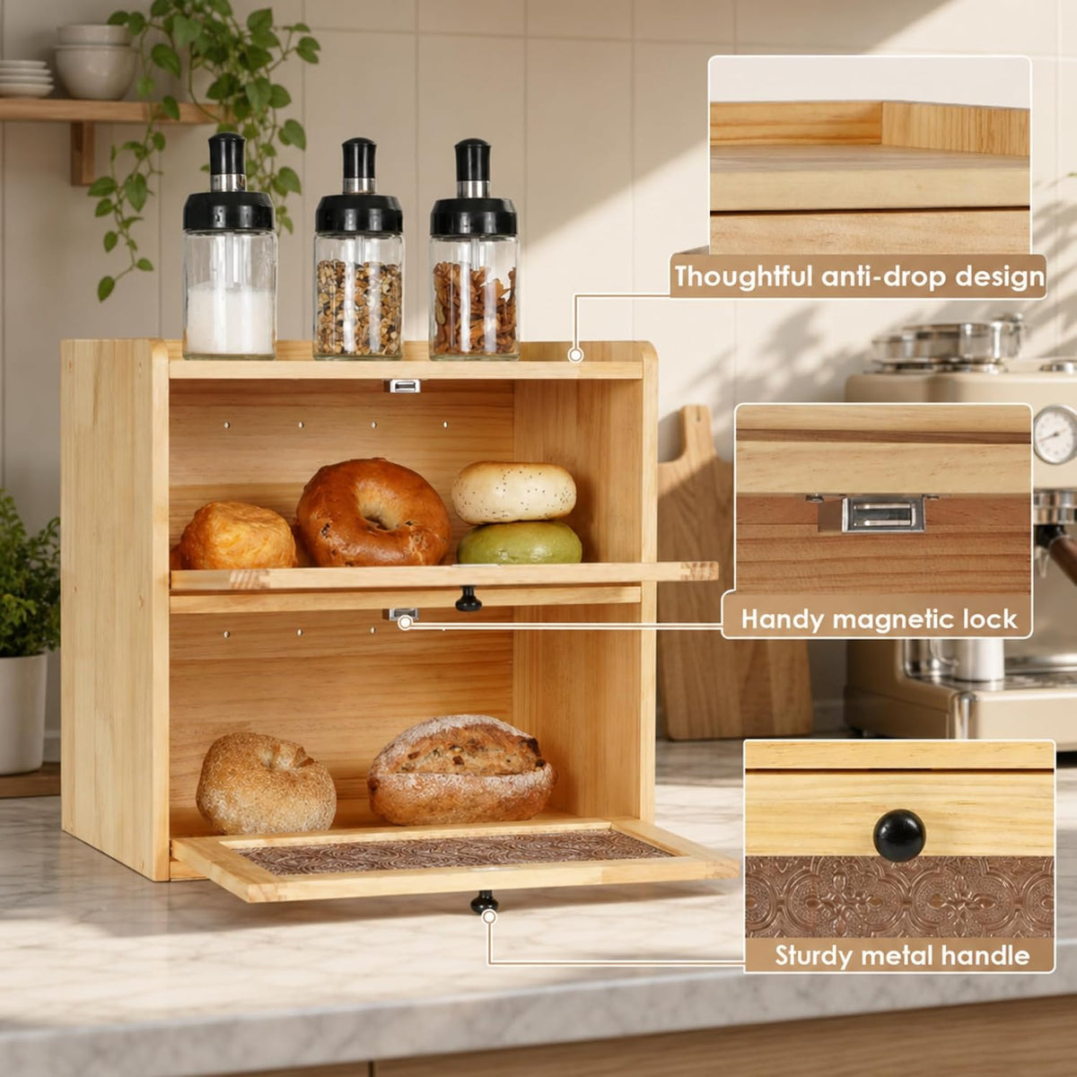 Sunhoo Bread Box for Kitchen Countertop, Large Pine Wood Breadbox, Natural | Farmhouse Pantry Container, Double Layer