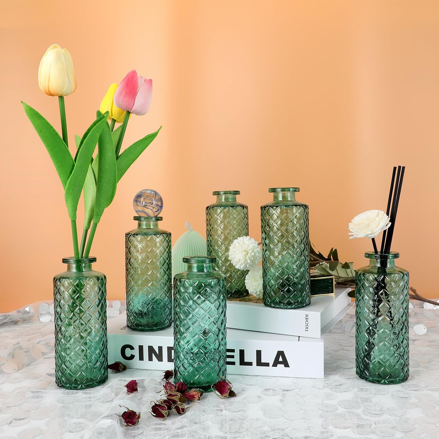 Glass Bud Vase / Green / Small Vase / Set of 6