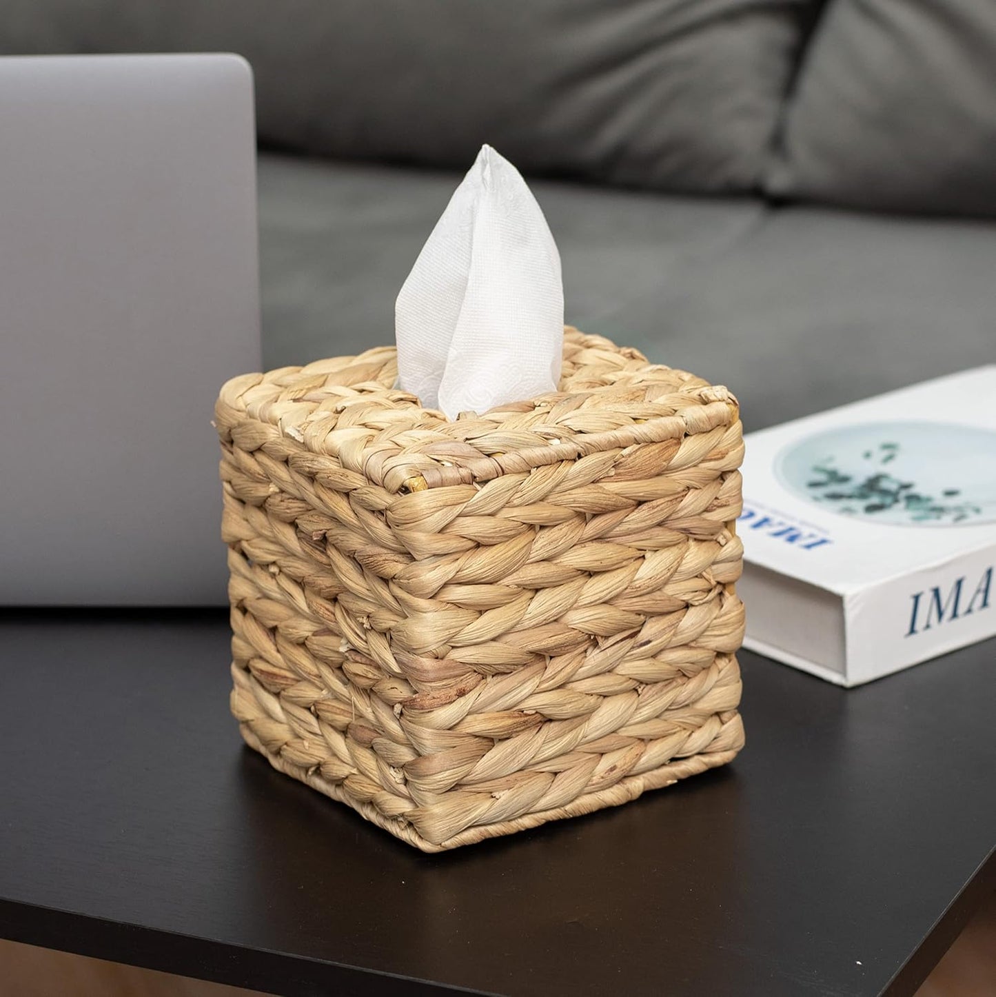 Rattan Wicker Tissues Cube Box Cover -Boho Decorative Woven Facial Tissue Holder / Square