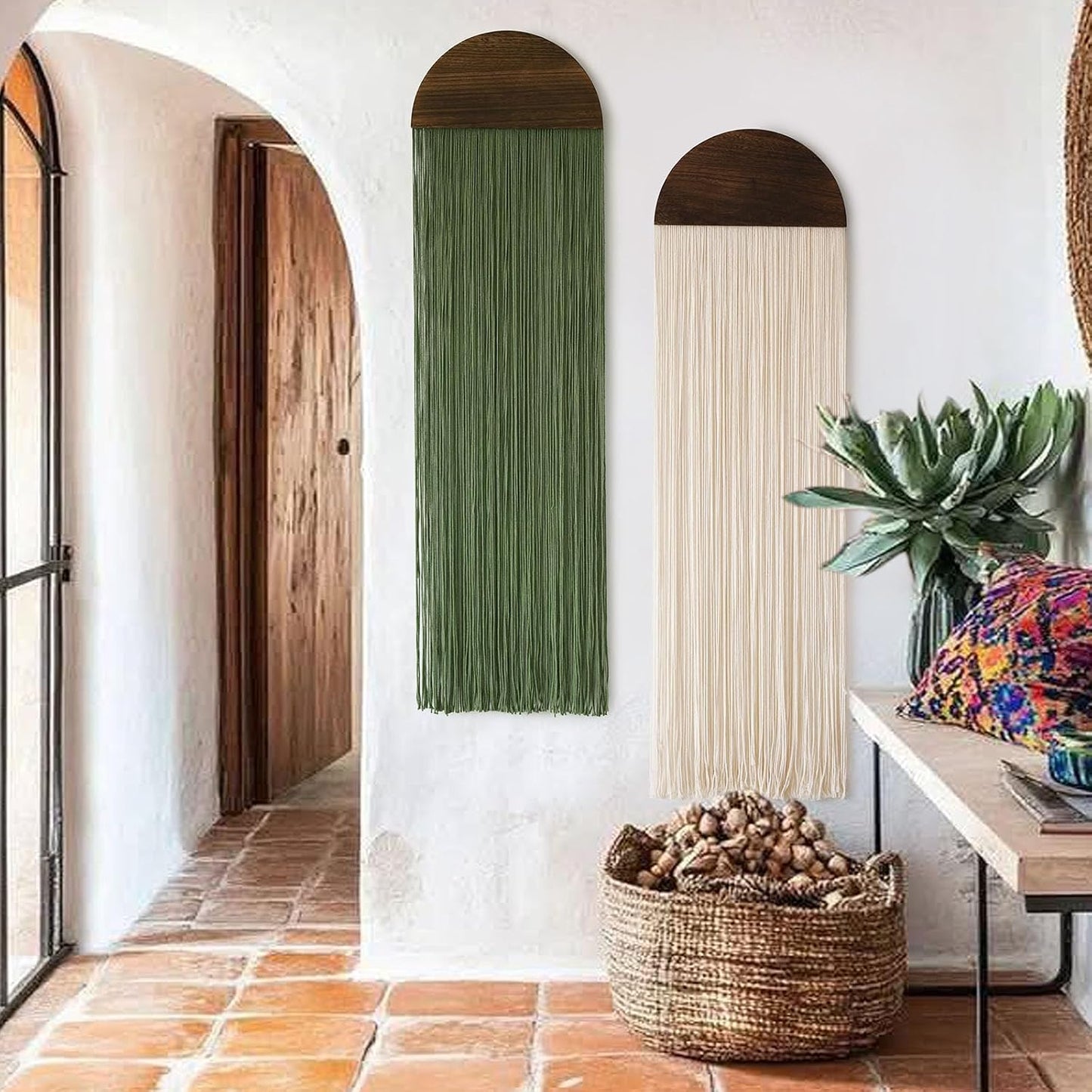 Macrame Wall Hanging Boho Decor Wall Tapestry Handmade Round Tassel / Ivory and Green / Set of 2