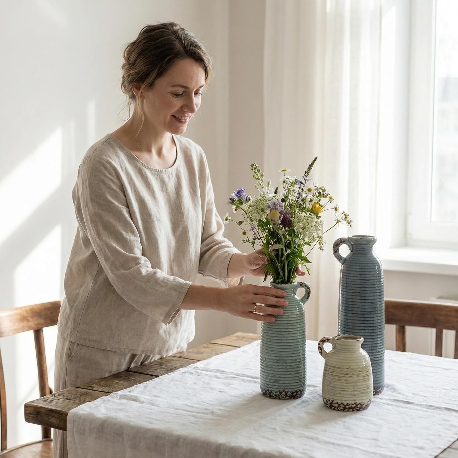 Ceramic Vase / Blue Neutral Rustic Modern Farmhouse Boho Decor / Handle-gray Blue Green / Set of 3