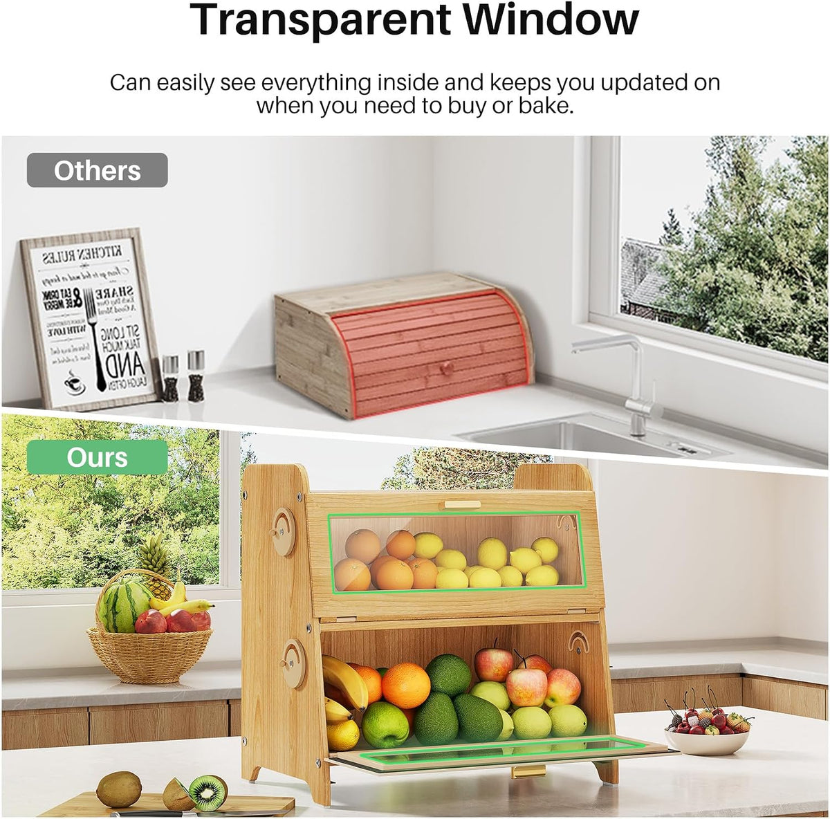 SNTD Bread Box for Kitchen Countertop, Adjustable Ventilation, Natural | Bamboo Cutting Board, Airtight Design