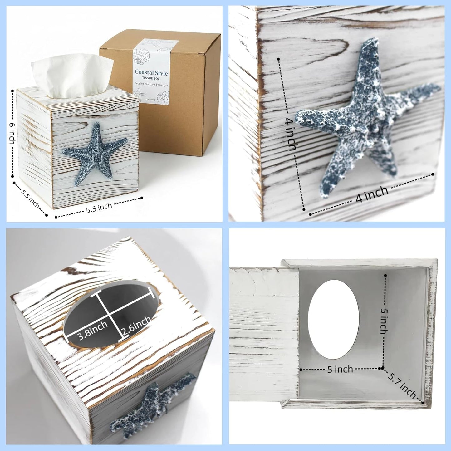 Coastal Tissue Box Cover Wooden Retro / Starfish