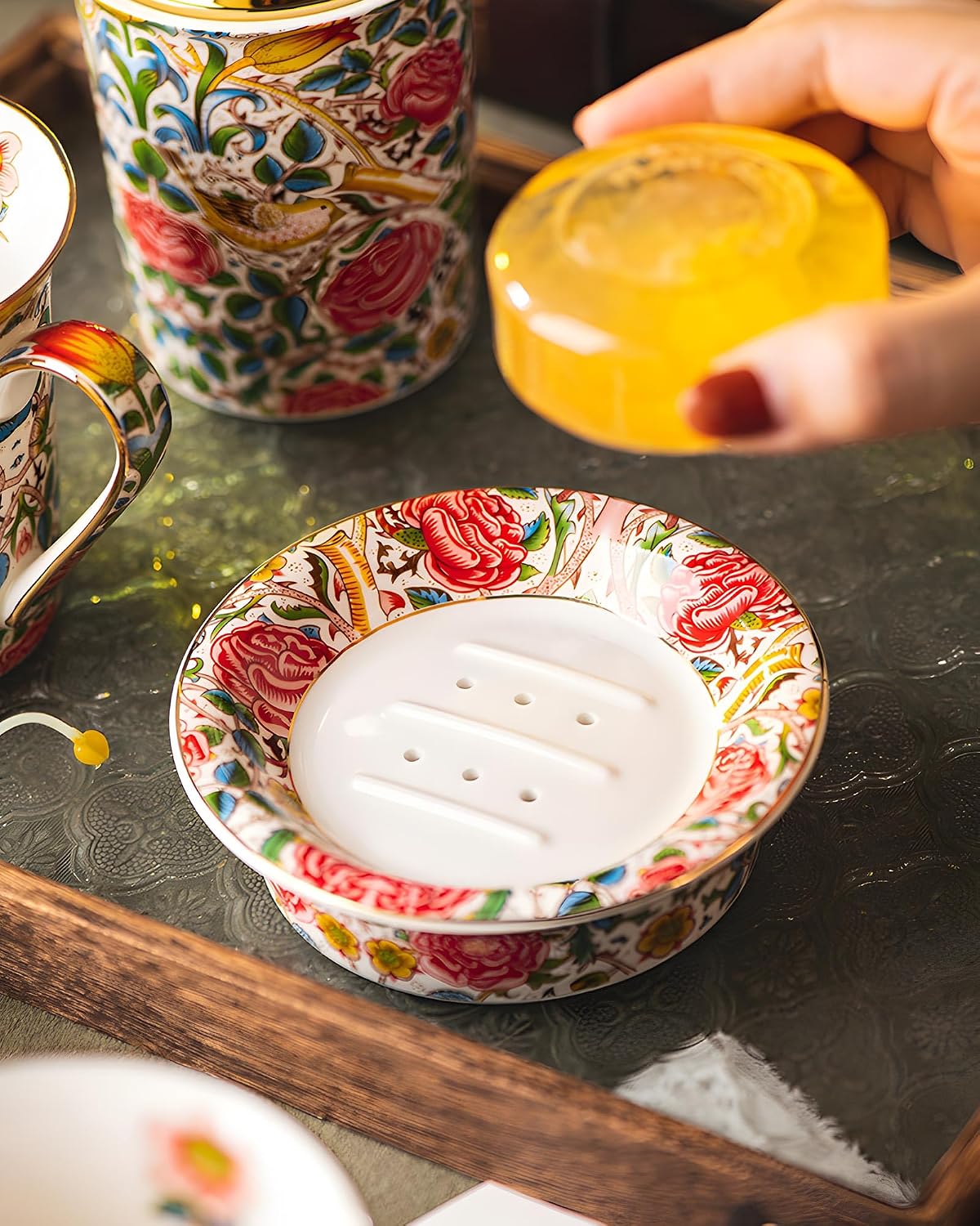 Decorative floral ceramic soap tray for bar soap / Crimson Reverie-soap Dish