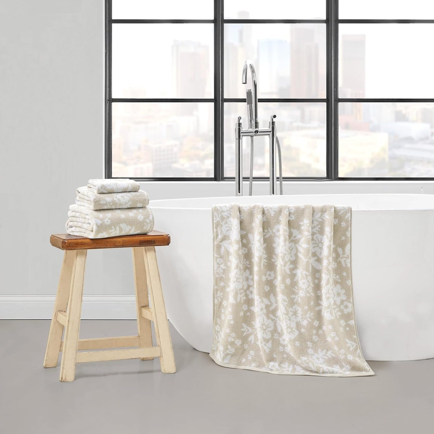 Lucky Brand Folk Floral 6 Piece Bath Towel Set - (2) Bath Towels, (2) Hand Towels, and (2) Washcloths - Beige Taupe