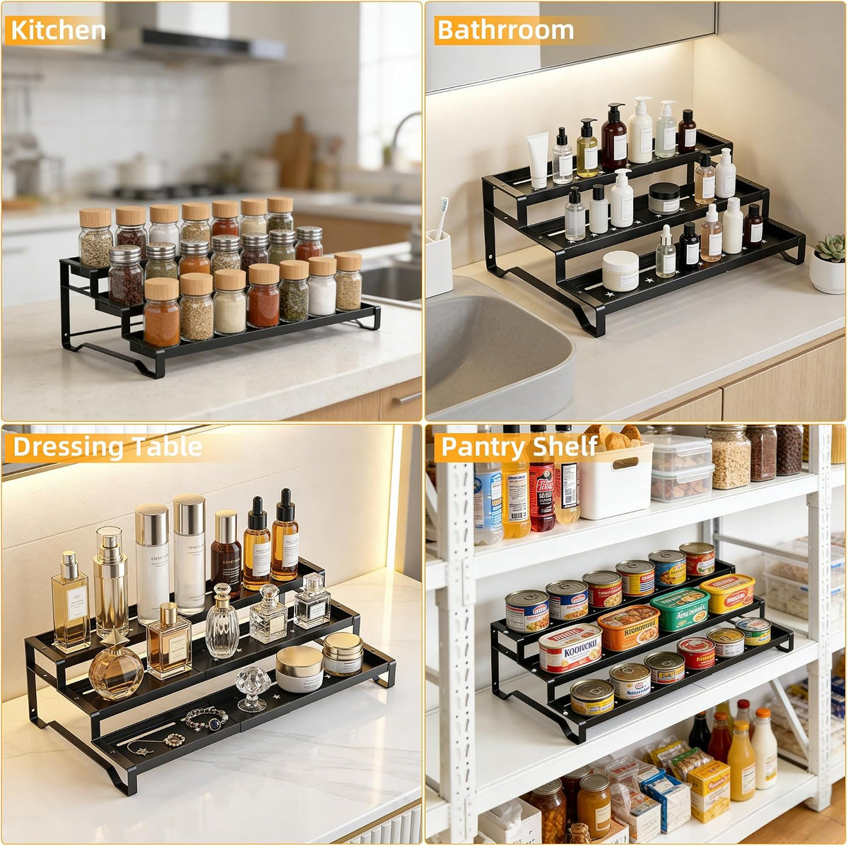 2 Pack Spice Rack Organizer for Cabinet, 13-21.5" Expandable Spicy Shelf | 9.45" Depth 3-Tier Black Metal Seasoning