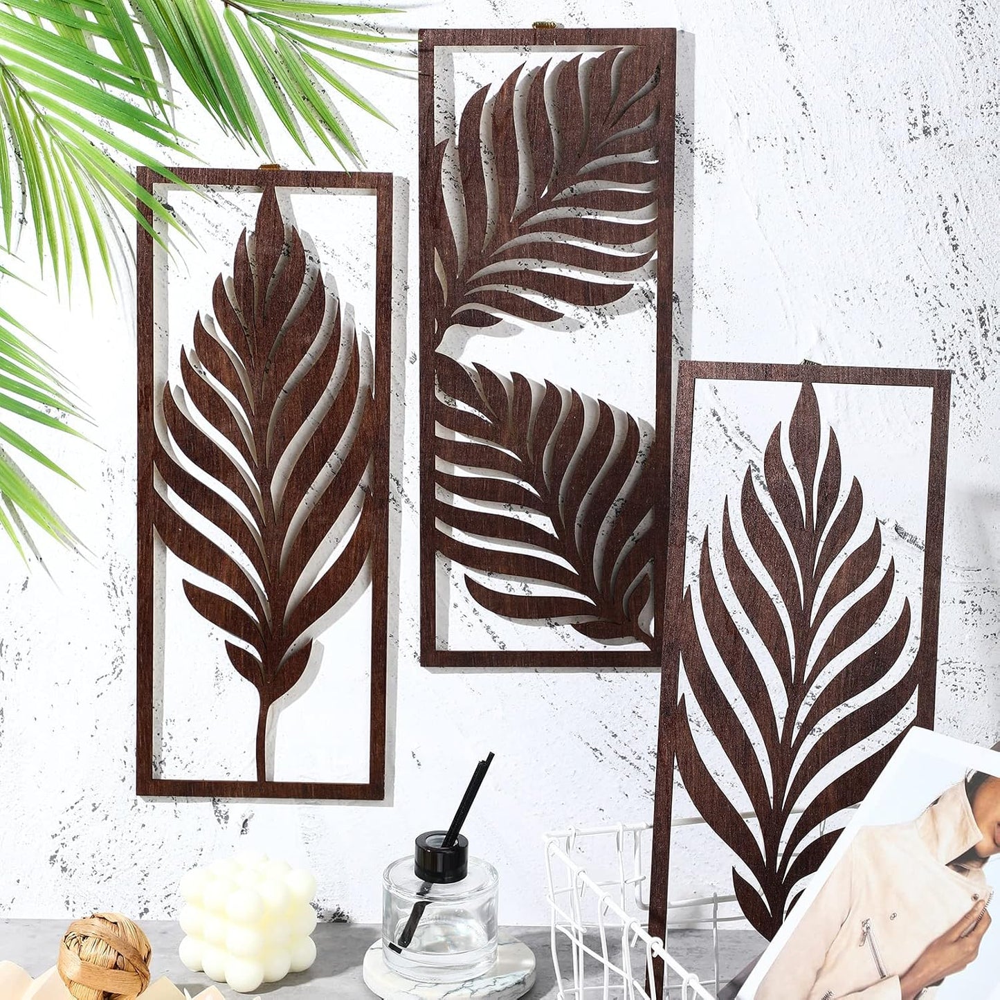 Palm Leaves Wooden Art Wall Decor Boho Wood Leaves Plant Wall / Brown / 14.57 x 5.79 / Set of 3