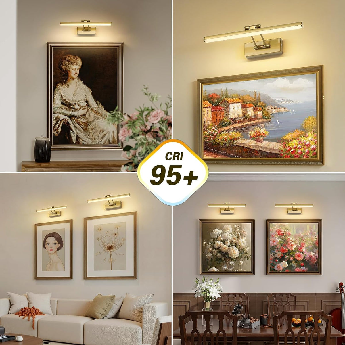 JUSHENG Picture Lights for Wall Battery Operated, Brass 3CCT Dimmable Gallery Light with Detachable Battery and Timer