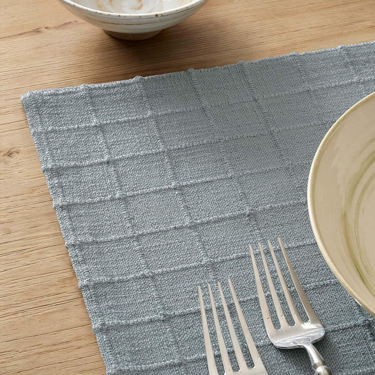 Artisanal Grid Decorative Linen Placemats Set of 6, Chambray | Thick Heavy Textured Washed Linen Place Mats 13×19in