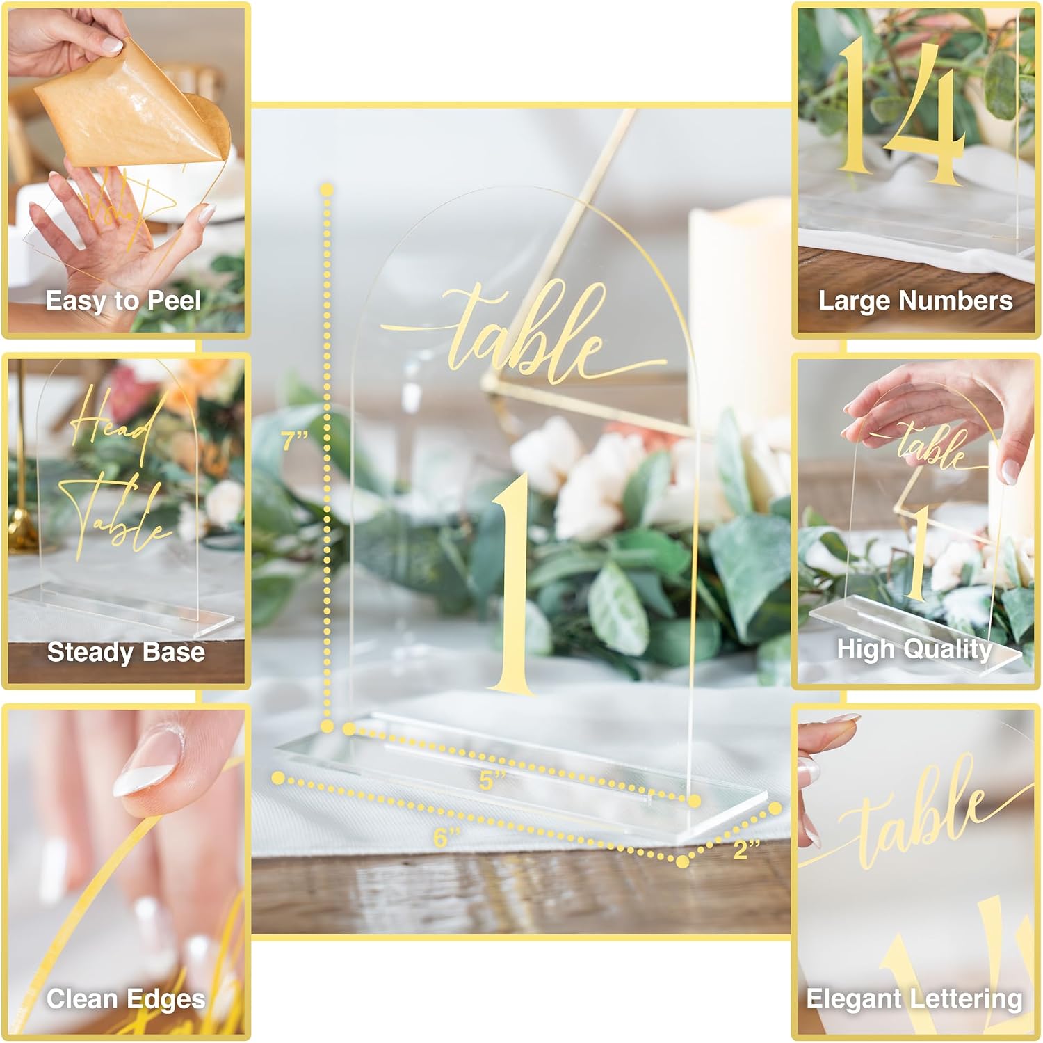 Clear gold Arched Wedding Table Numbers 1-15 with Stands, 5x7 Inch Acrylic Arch Sign with Holder, Clear gold Arch