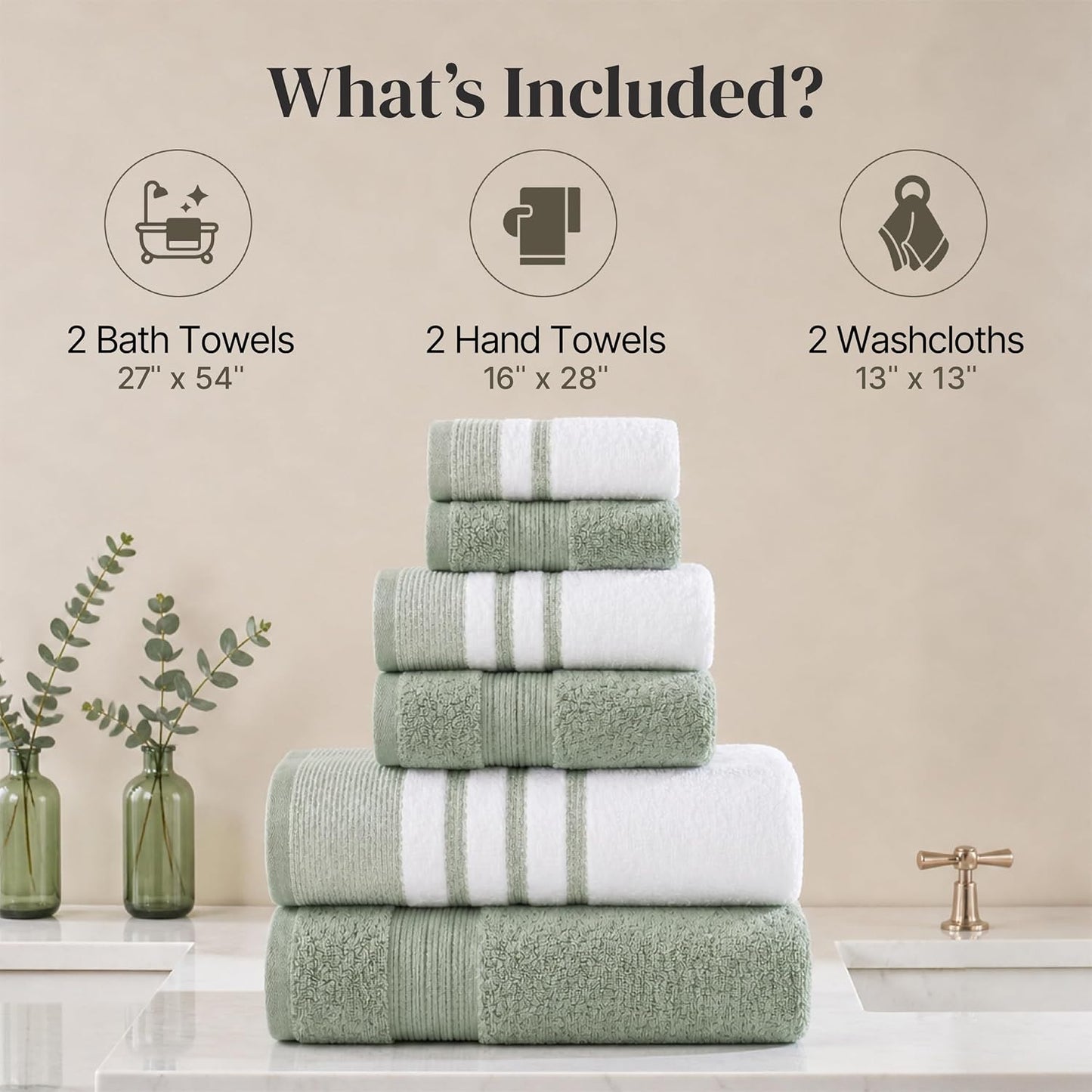 Modern Threads 6 Piece Bath Towel Set – Bathroom Towel Set with 2 Bath Towels, 2 Hand Towels & 2 Washcloths – 100%