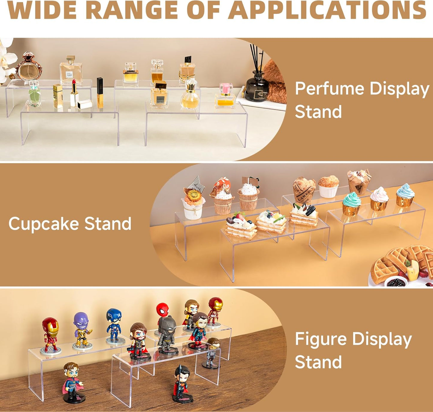 Aminigram 12 Pack Large Acrylic Risers Display Stands,Perfume Organizer Stand, Clear Acrylic Shelf for Show Decor