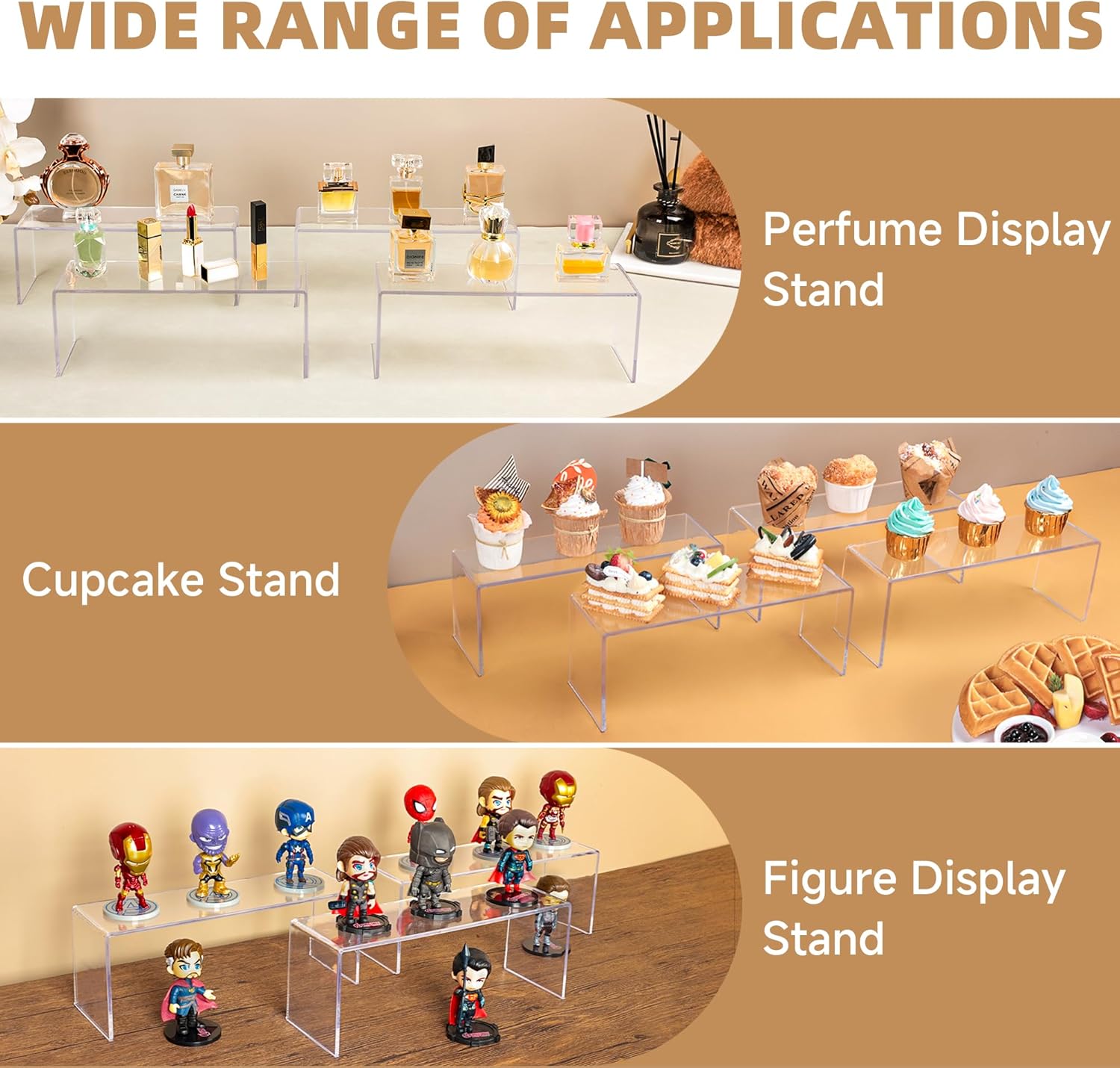 Aminigram 12 Pack Large Acrylic Risers Display Stands,Perfume Organizer Stand, Clear Acrylic Shelf for Show Decor