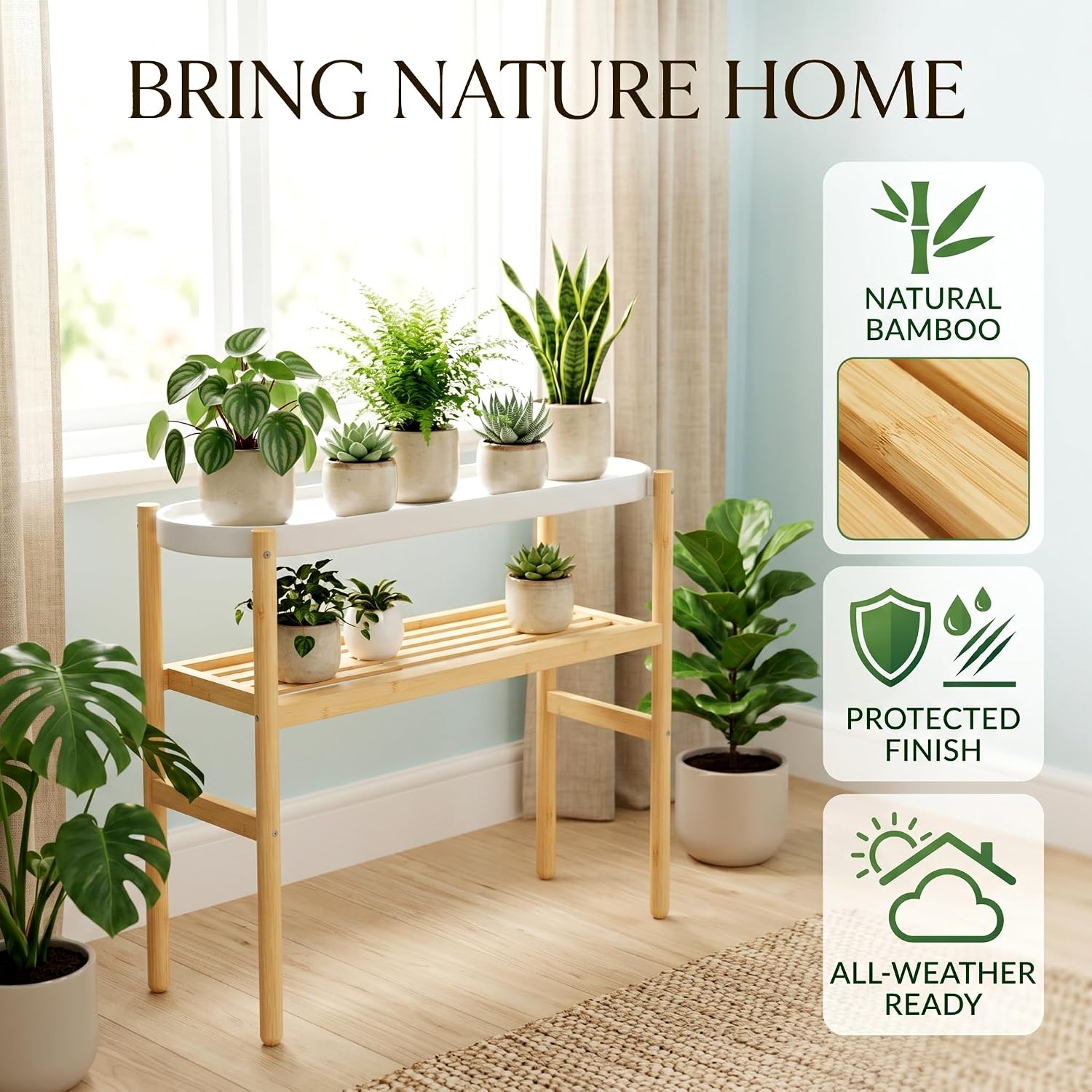 APRTAT 2-Tier Tall Bamboo Plant Stand for Multiple Indoor Plants | Natural Bamboo Holds Multiple Plants Stable