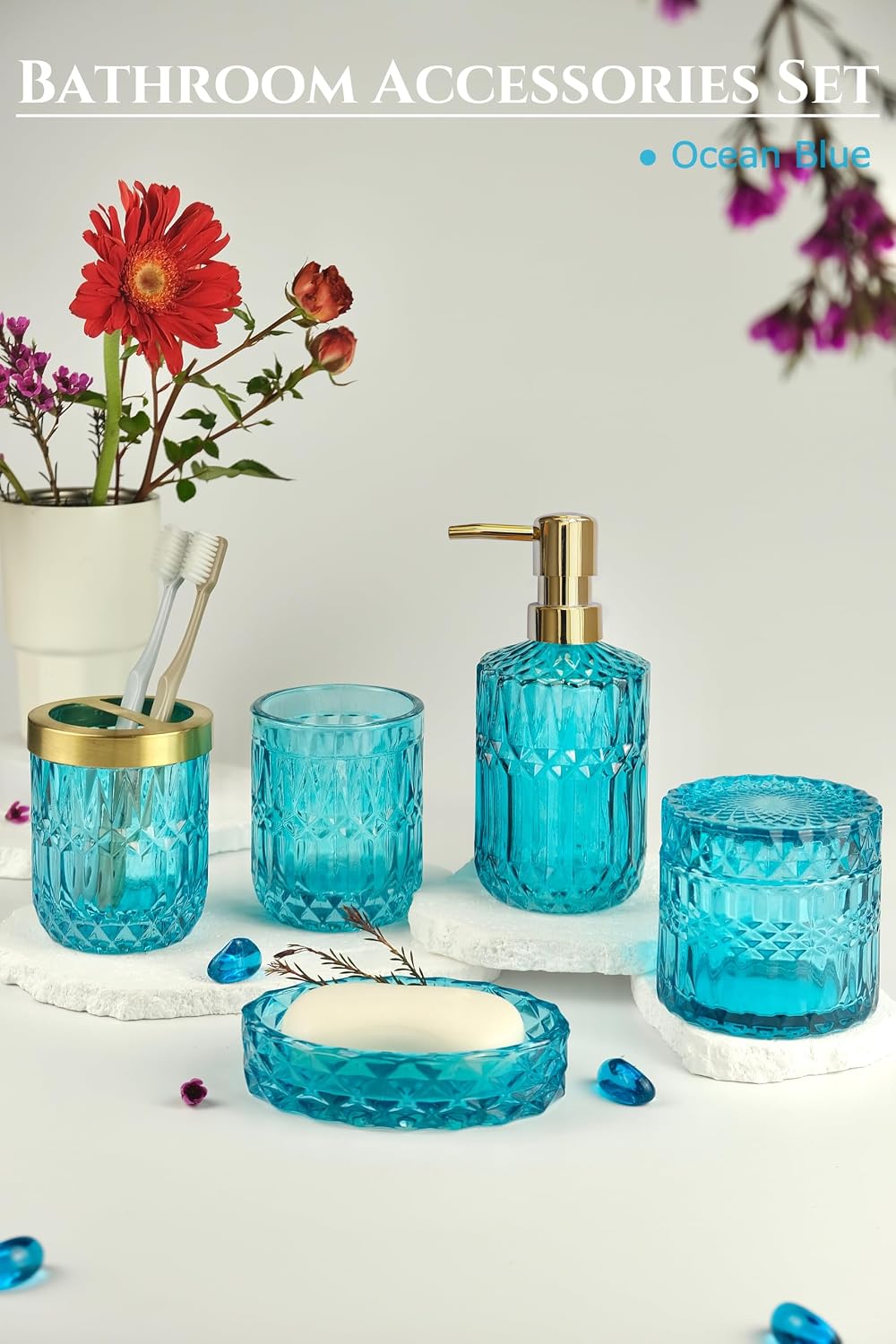 LaMarriti Teal Blue Bathroom Accessories Set, 5Pcs Glass Bathroom Set | Bathroom Soap Dispenser and Toothbrush Holder