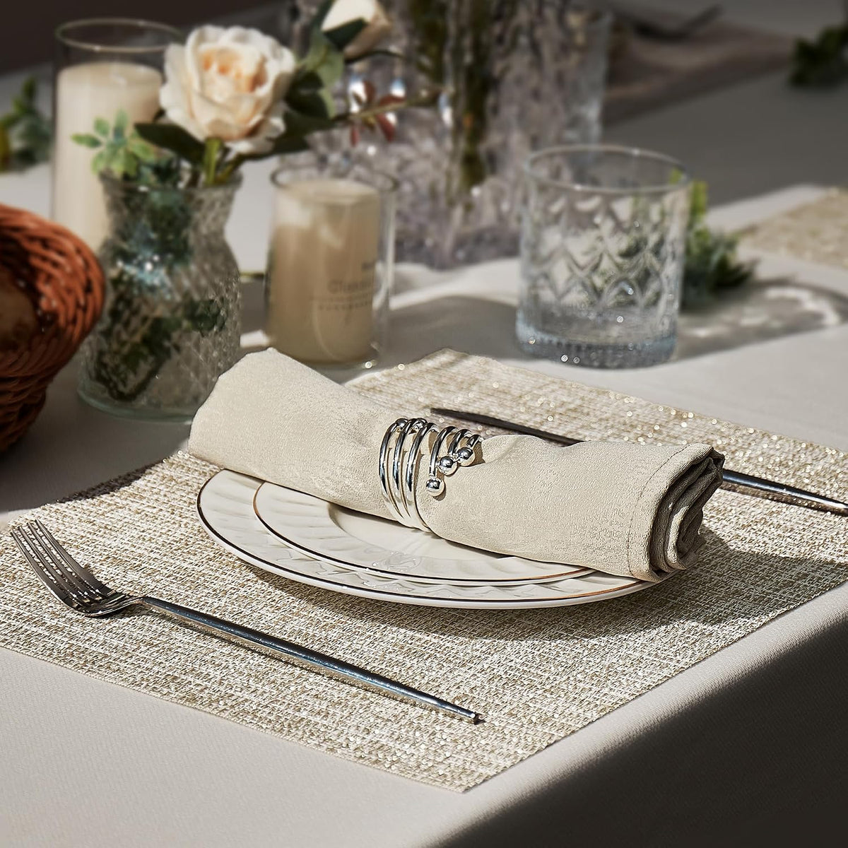 Leetaltree Woven Vinyl Placemats Set of 8,Beige and Gold | High Density，Stain Resistant, Easy to Clean, Washable Table