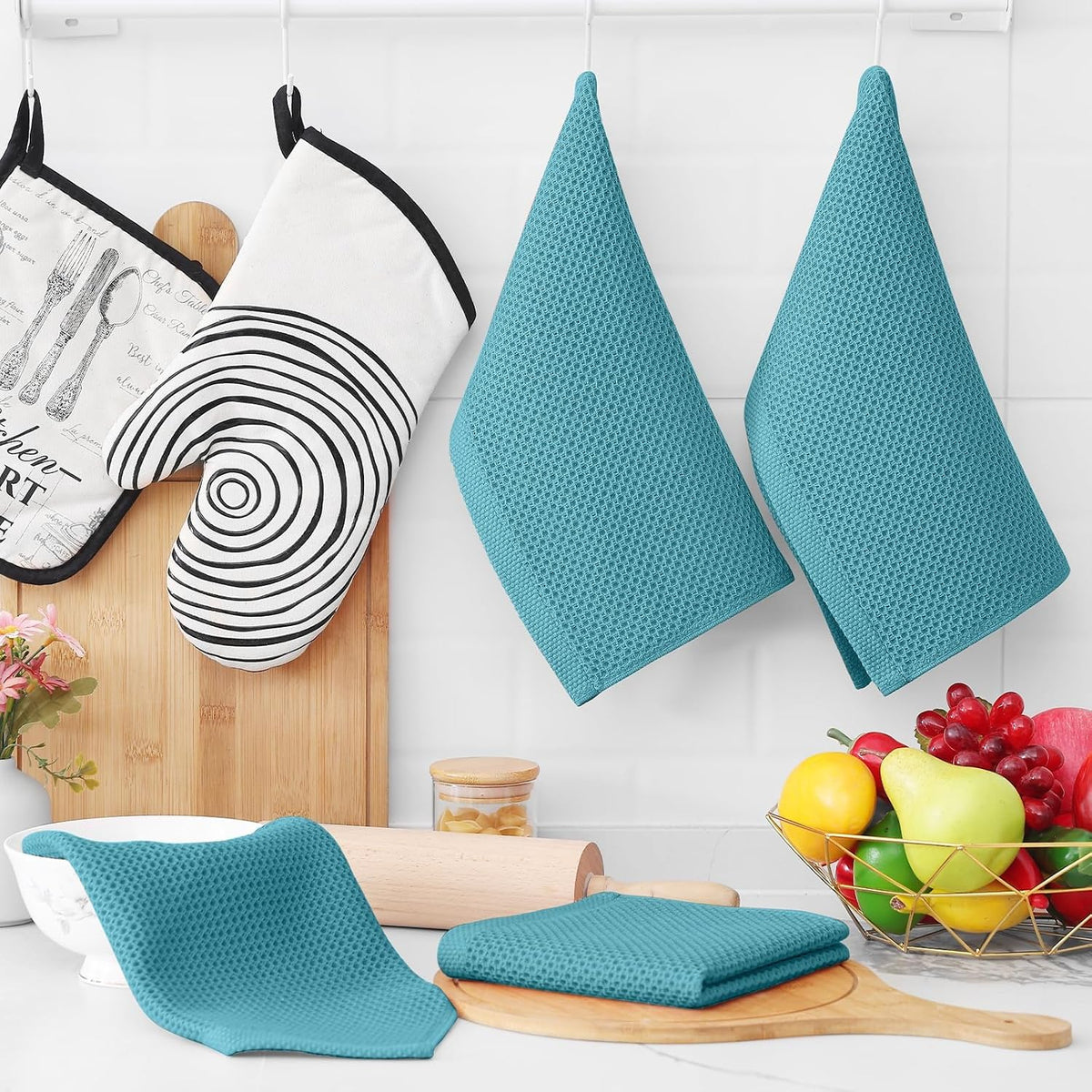 Homaxy 100% Cotton Waffle Weave Kitchen Dish Cloths 18-Pack, Lake Blue | 12 x 12 Inches, Ultra Soft Absorbent Dish