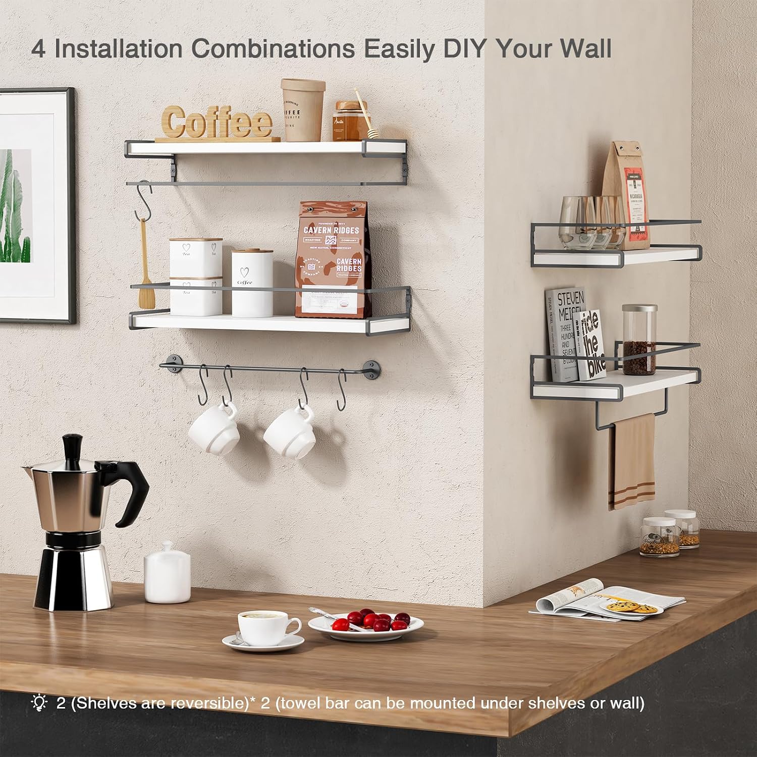 Forbena White Floating Shelves for Bathroom Organizer Over Toilet, Bathroom Shelves Wall Mounted with Towel Rack