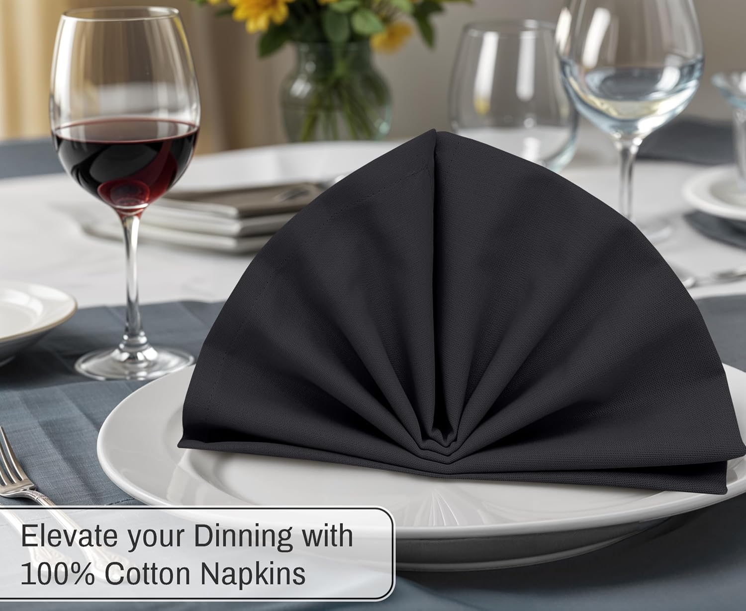 Ruvanti Cloth Napkins Set of 12, 100% Cotton 18”x18” - Black Beauty | Washable, Soft, Durable & Absorbent Everyday