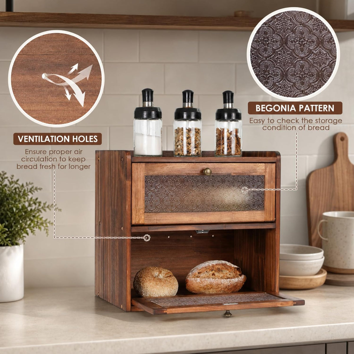 Sunhoo Bread Box for Kitchen Countertop, Large Pine Wood Breadbox, Brown | Farmhouse Pantry Container, Double Layer