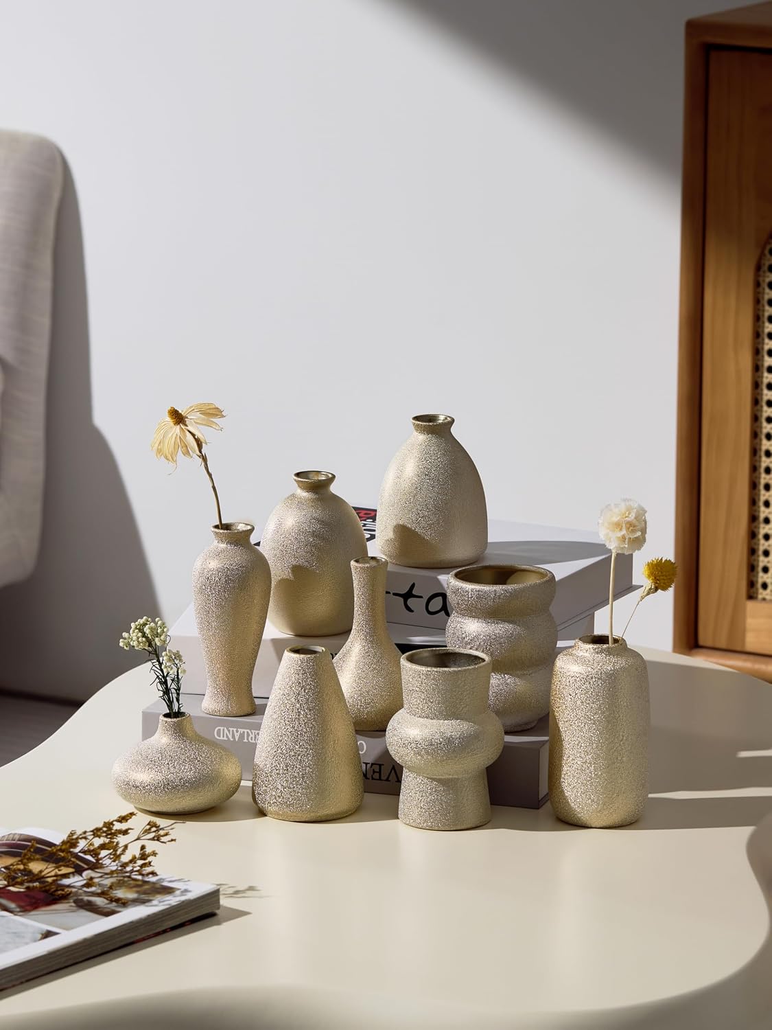 Ceramic Bud Vases for Pampas Grass Flowers / Gold / Set of 9