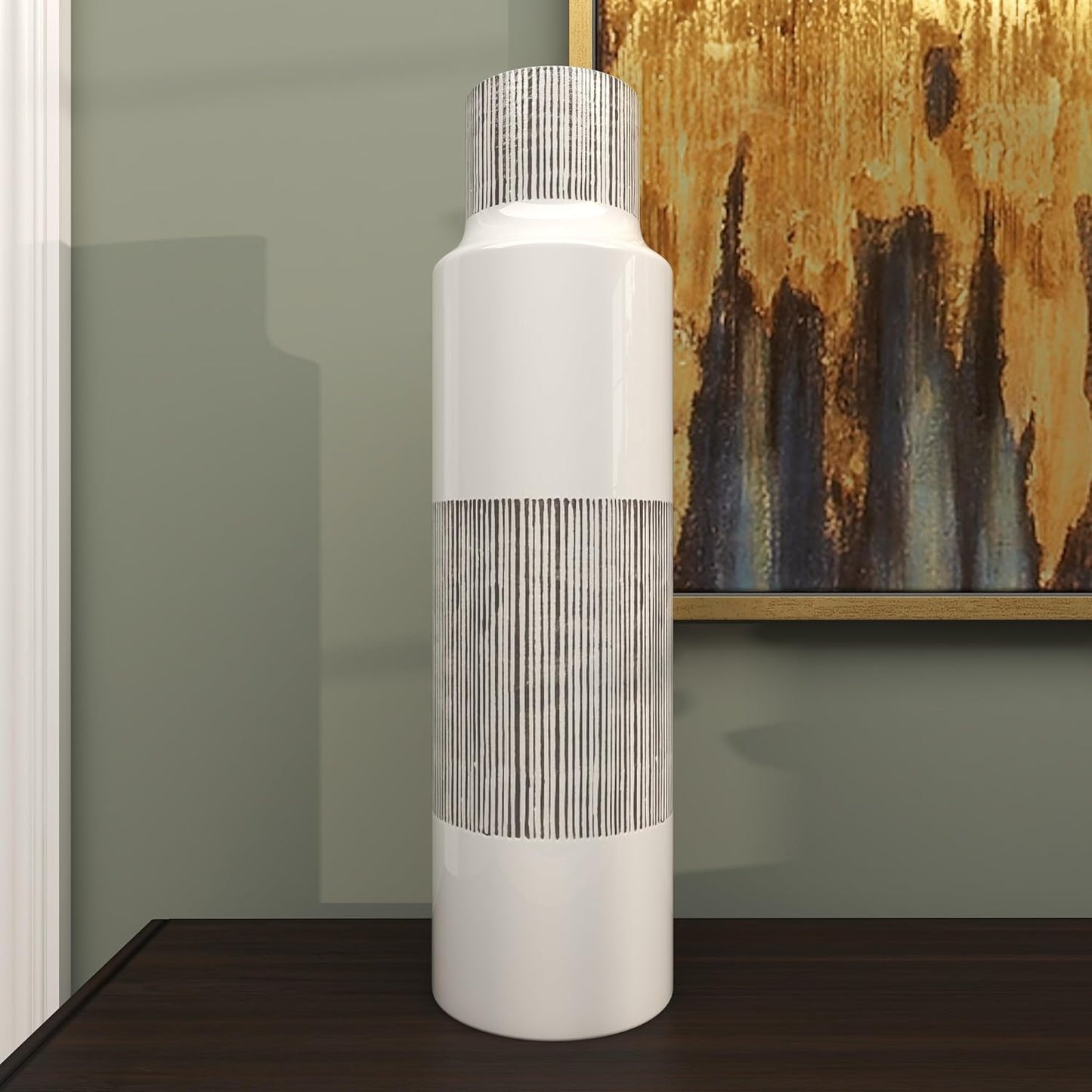 Ceramic Vase / White / Grey / 6 x 6 x 22