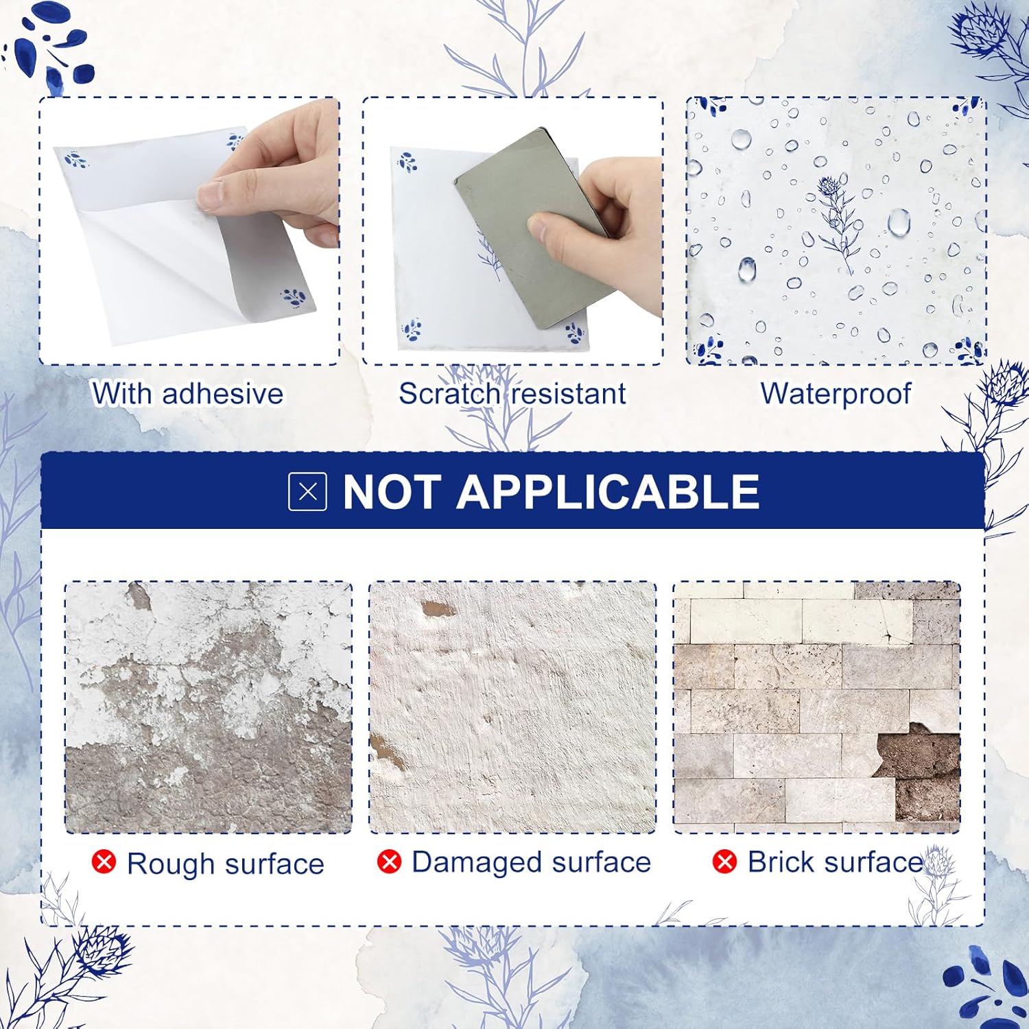 Delft White Flower Tile Stickers Vintage Flower Peel / Delft Flower / Blue / 4 x 4 / Set of 24