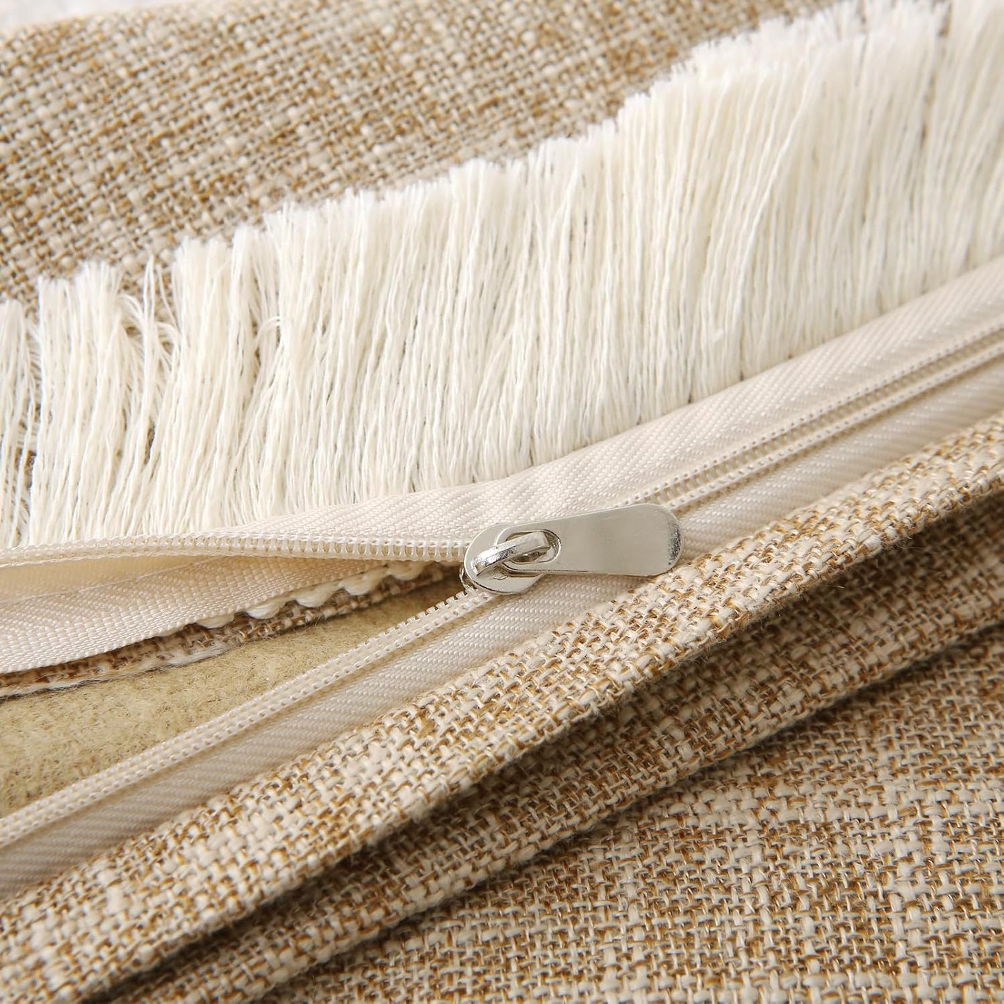 Khaki Boho Burlap Fringe Decorative Throw Pillow Covers Rectangle / Taupe / 20 x 12 / Set of 2