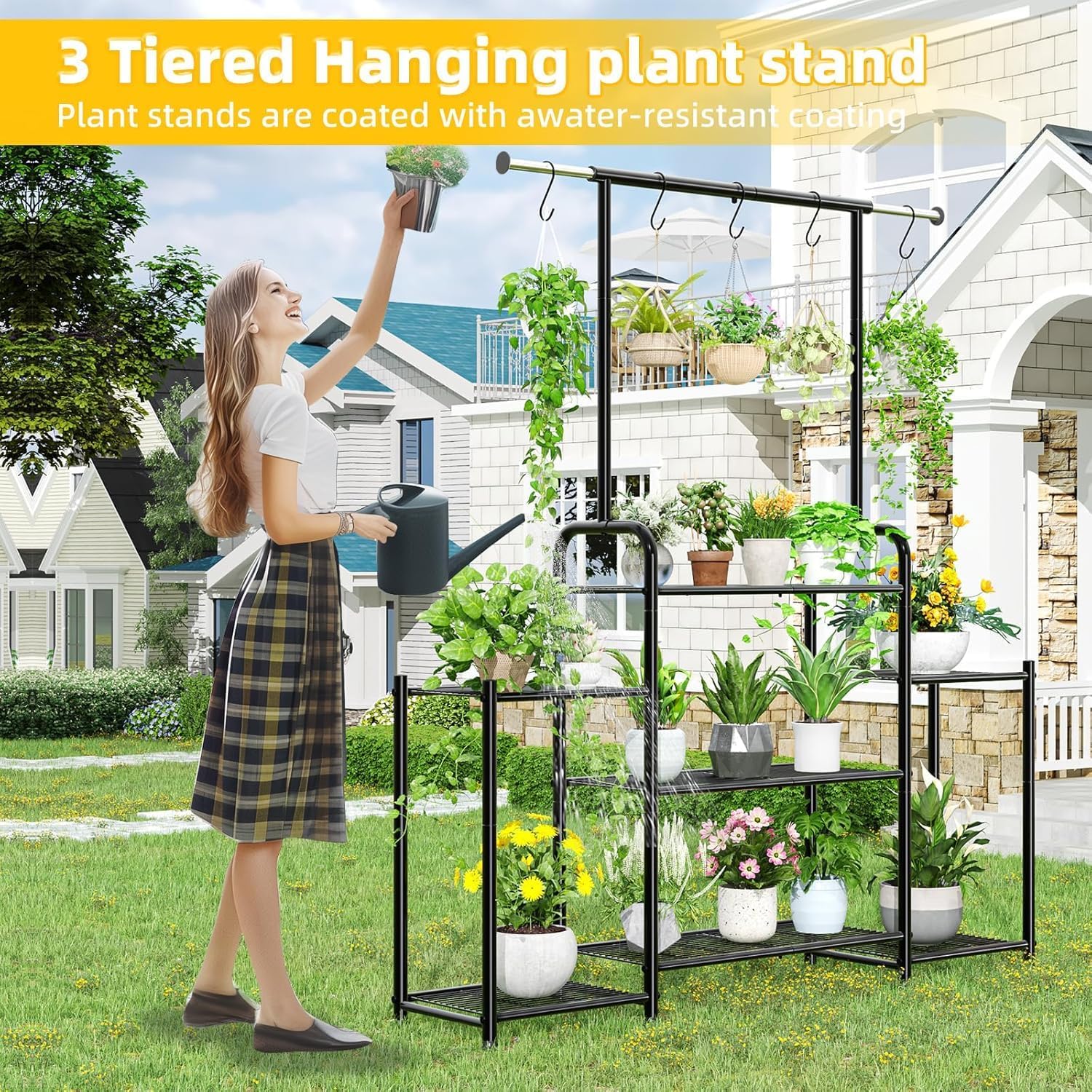 Simple Trending Plant Stand Indoor Outdoor, Metal 3 Tier Tall Hanging Plant Shelf for Multiple Flower Planter Large