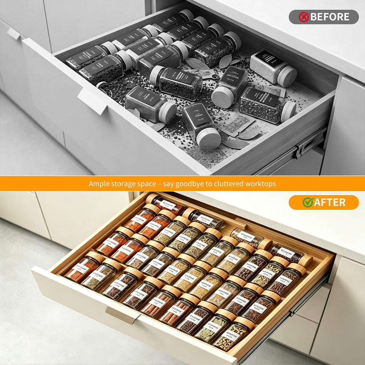 Bamboo Spice Drawer Organizer Expandable(Fits 2.6" Deep or Deeper Drawers), 4-Tier Spice Rack Drawer Insert for Kitchen