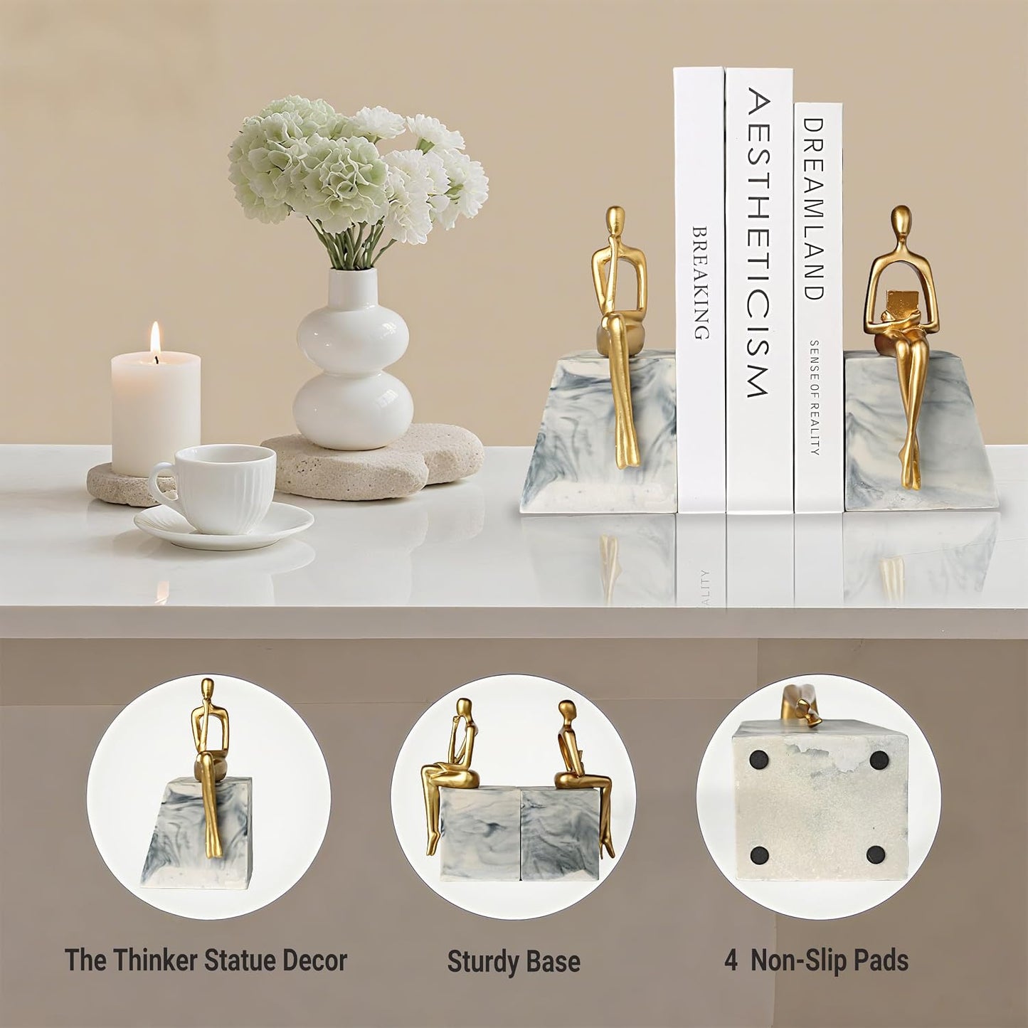 Book Ends / Heavy Duty Abstract Statue Decorative Bookends / Thinker