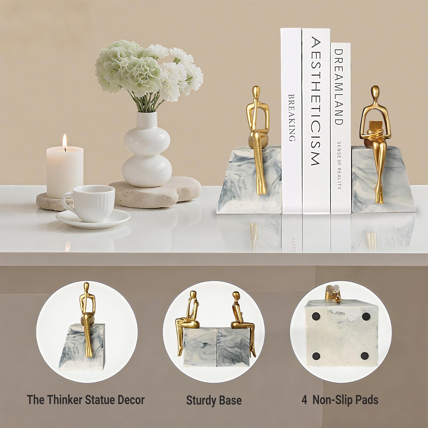 Book Ends / Heavy Duty Abstract Statue Decorative Bookends / Thinker