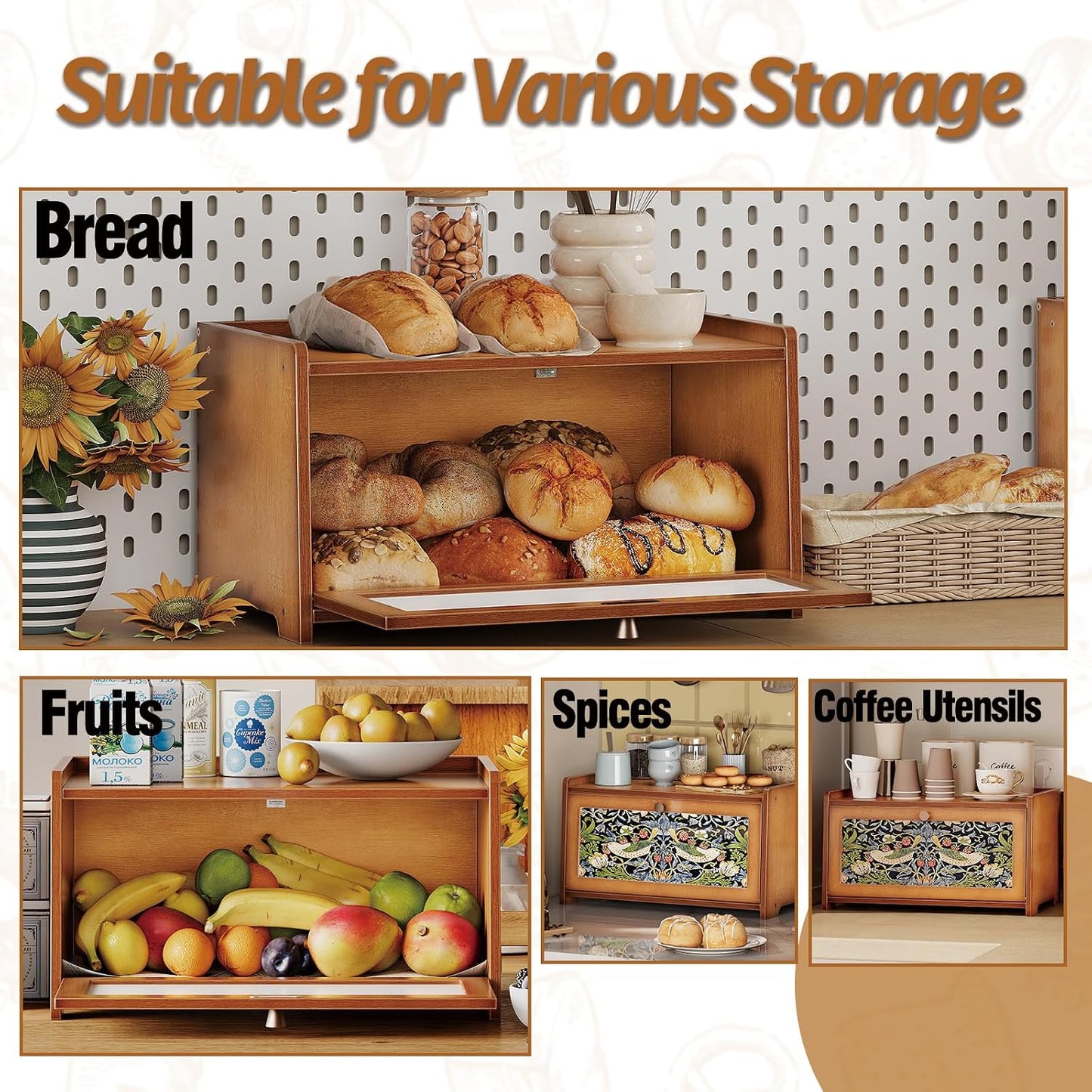 Trironsun Bamboo Bread Box for Kitchen Counter Black Bread Storage Container with Acrylic Door William Morris Flower