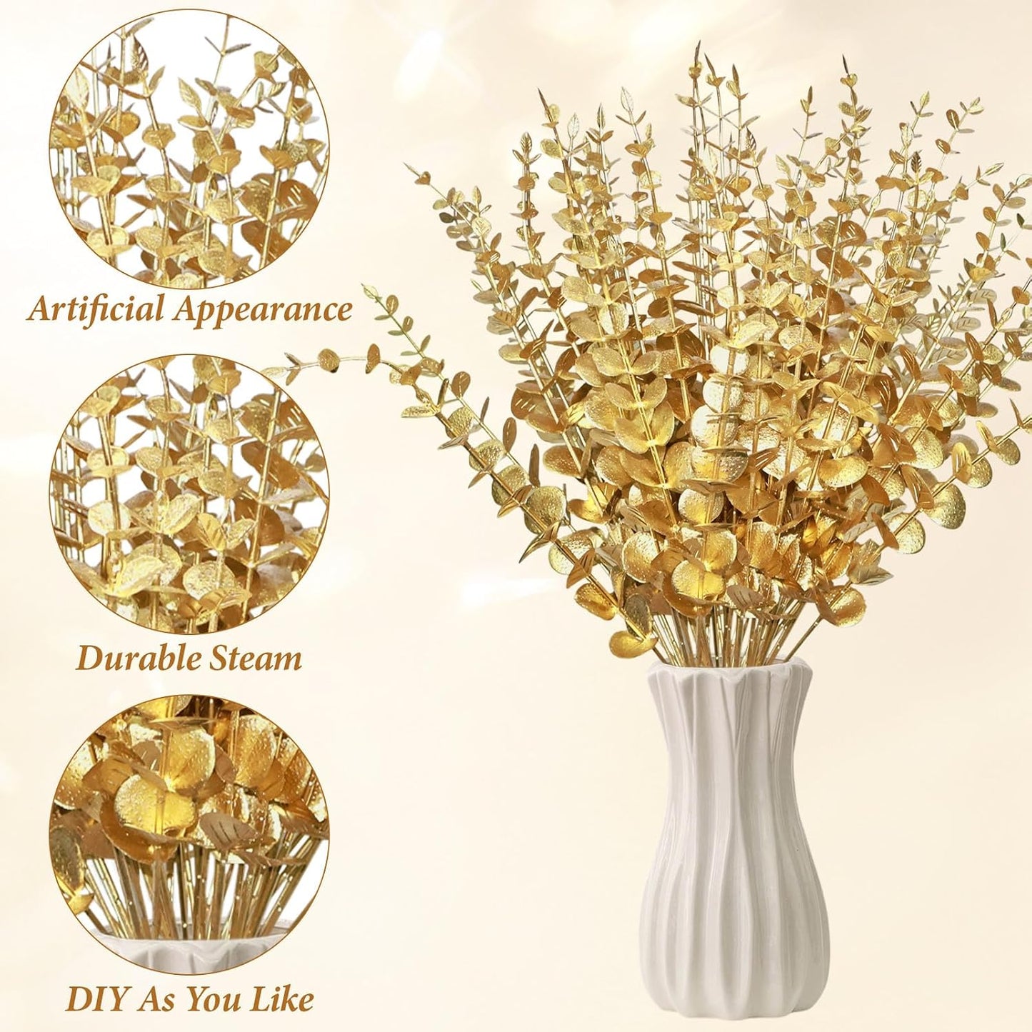 Flowers Eucalyptus Leaves Stems 15'' Faux Eucalyptus Leaves Decor Fake / Gold / Set of 50