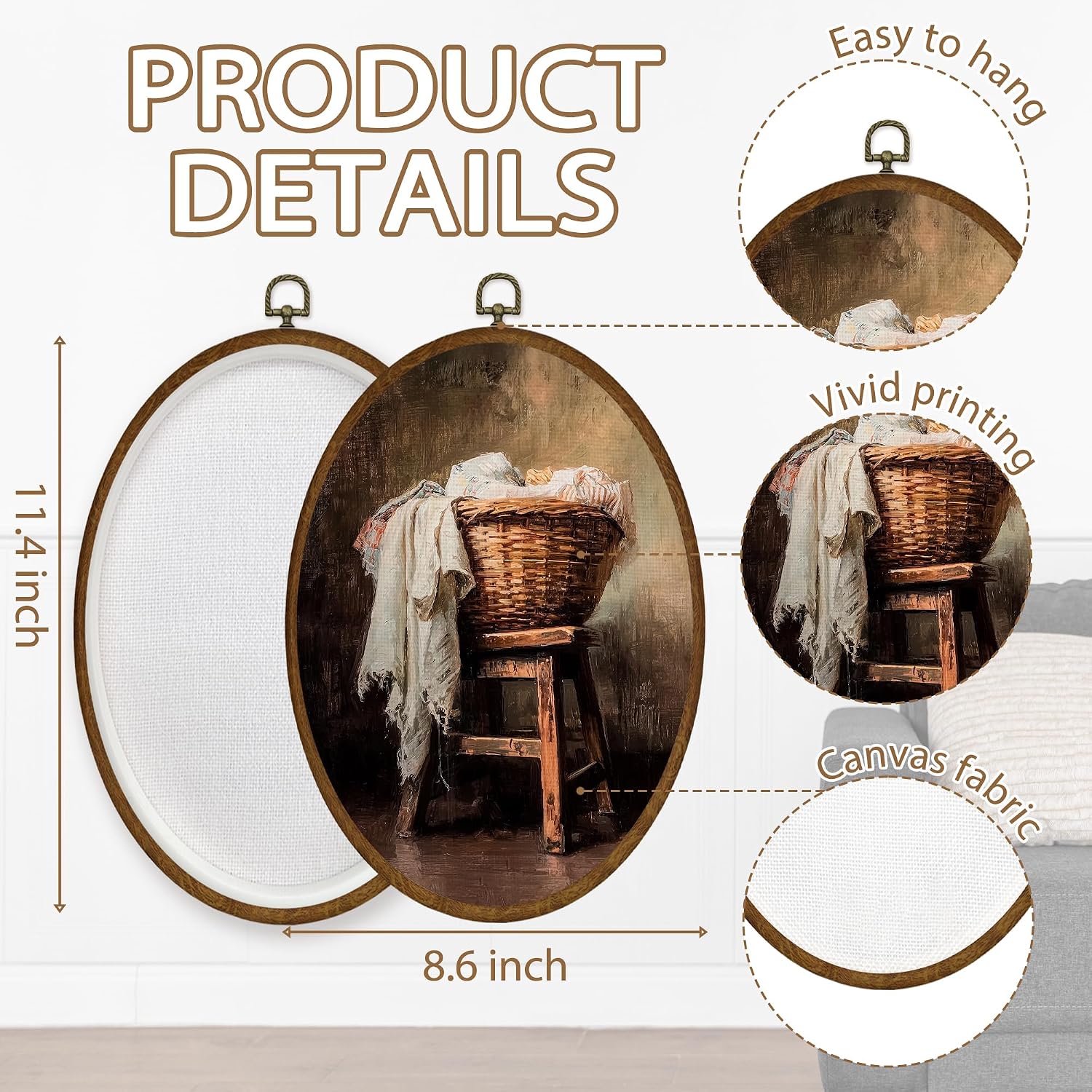 Farmhouse Woven Basket Laundry Oval Framed Canvas Art Prints / Color26