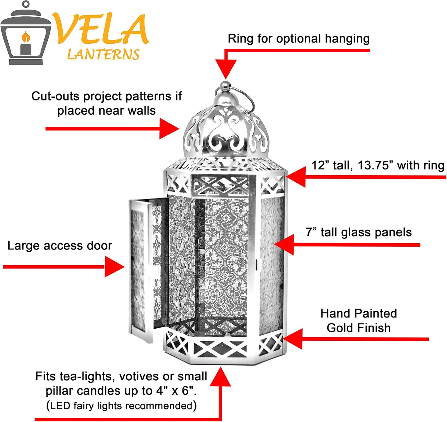 VELA LANTERNS 12" Gold Metal Moroccan Decorative Candle Lantern Holder for Hanging or Table Centerpieces, Exotic Indoor