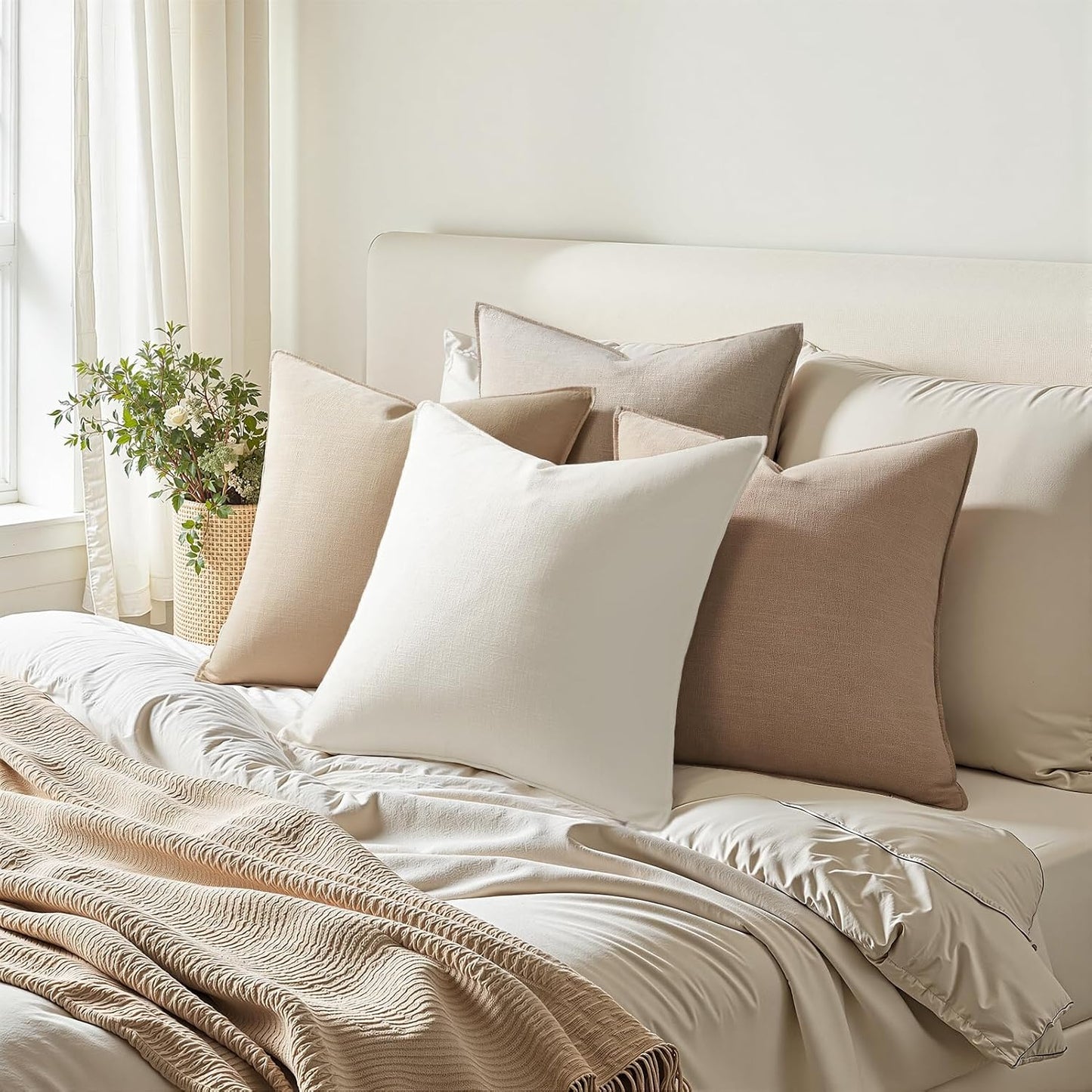 Decorative Linen Pillow Covers Boho Couch Throw Pillows for Bed / Natural / 18 x 18 / Set of 4